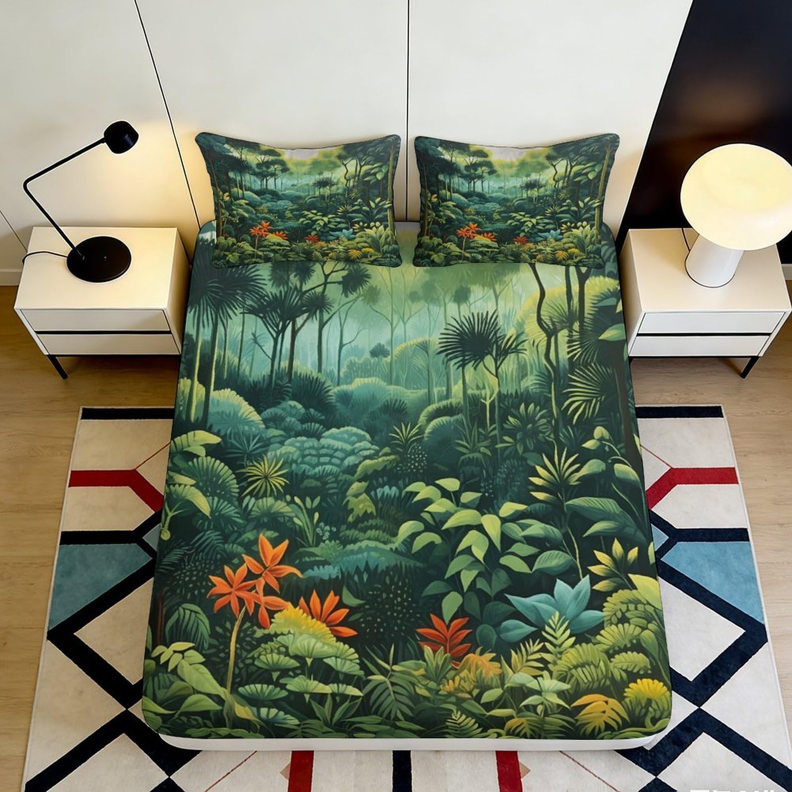 3D Printed Tropical Rainforest Fitted Sheet Microfiber Soft Green Jungle Bed Cover for Bedroom Dorm Mattress Decor 90x200x25cm