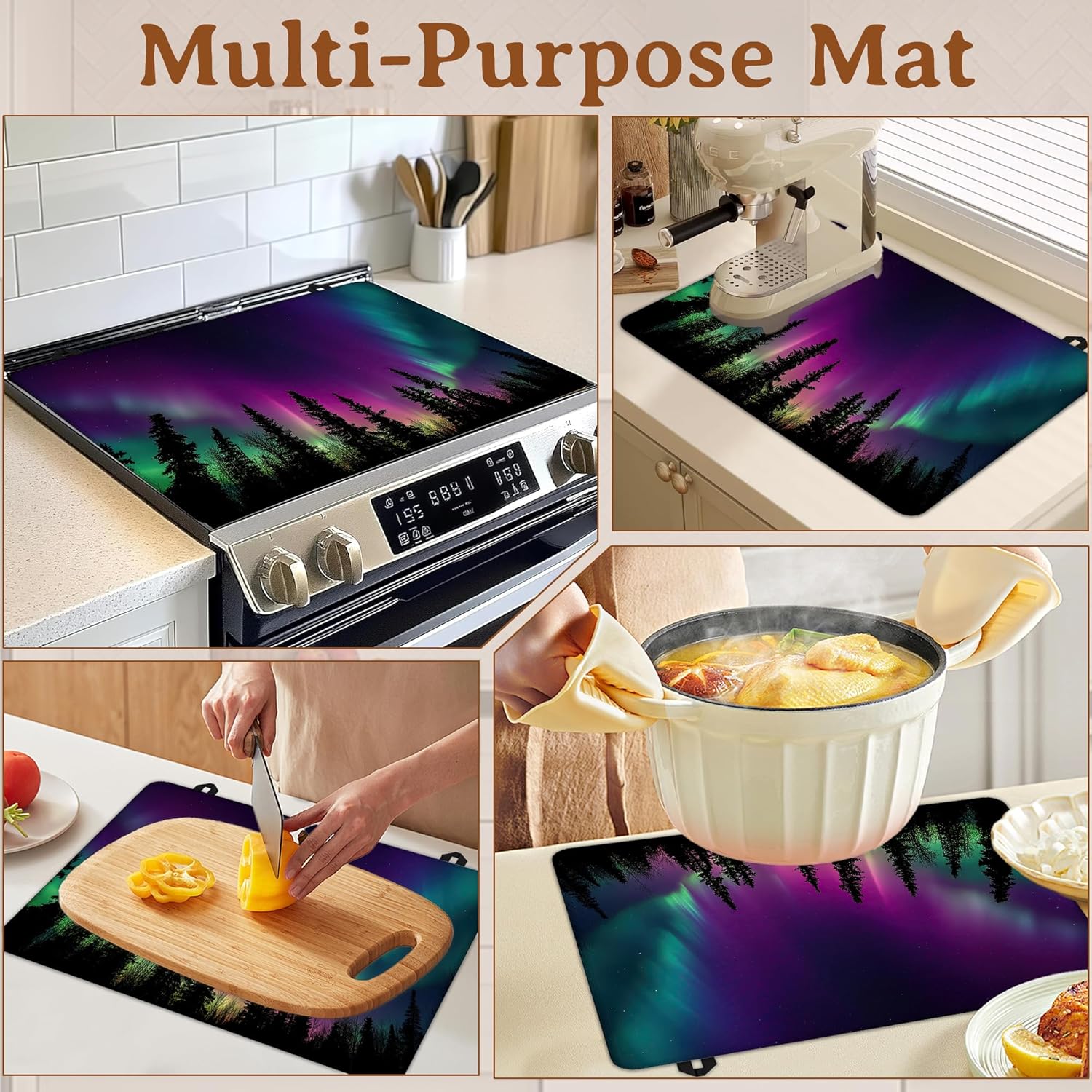 Stove Top Cover for Electric Stove,Aurora Forest Heat Resistant Glass Cooktop Cover for Kitchen Countertop Protector Dish Drying Mat 28.5×20.5in