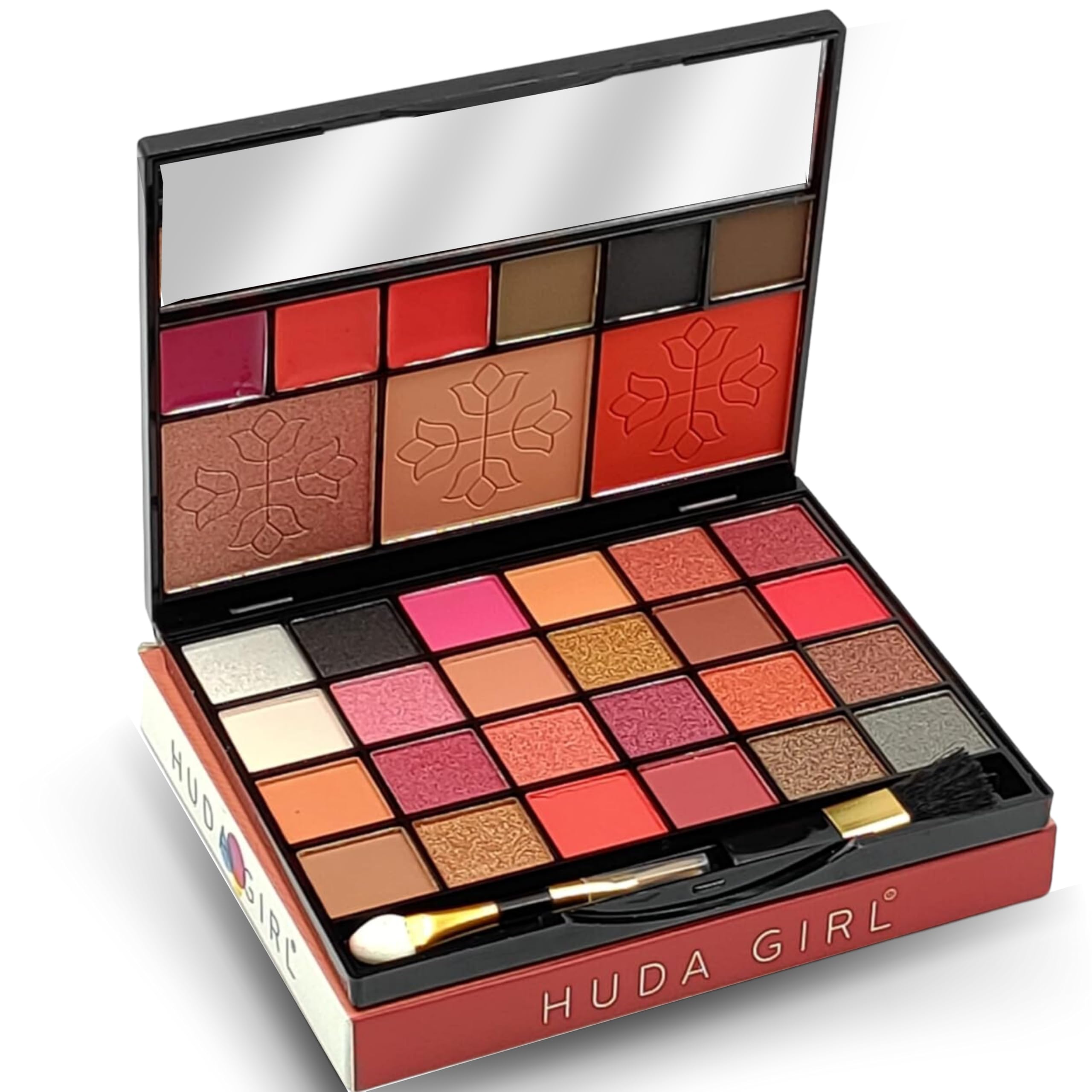 HUDA GIRL All-in-One Makeup Kit with Mirror - Includes 24 Eyeshadow Palette with Brush, 3 Eyebrow Powder, 3 Lip Gloss, 2 Applicator, Blush Contour and Highlighter Palette for Girl & Womens