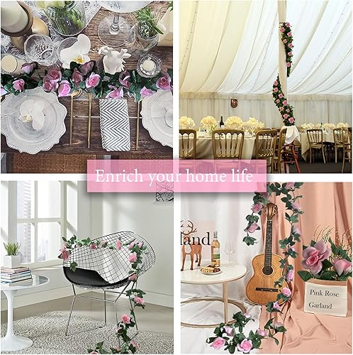 Miniatura 5 de Paquete de 4 guirnaldas de rosas artificiales de vid de rosas falsas, plantas y vides, decoración de hojas florales para decoración de bodas,