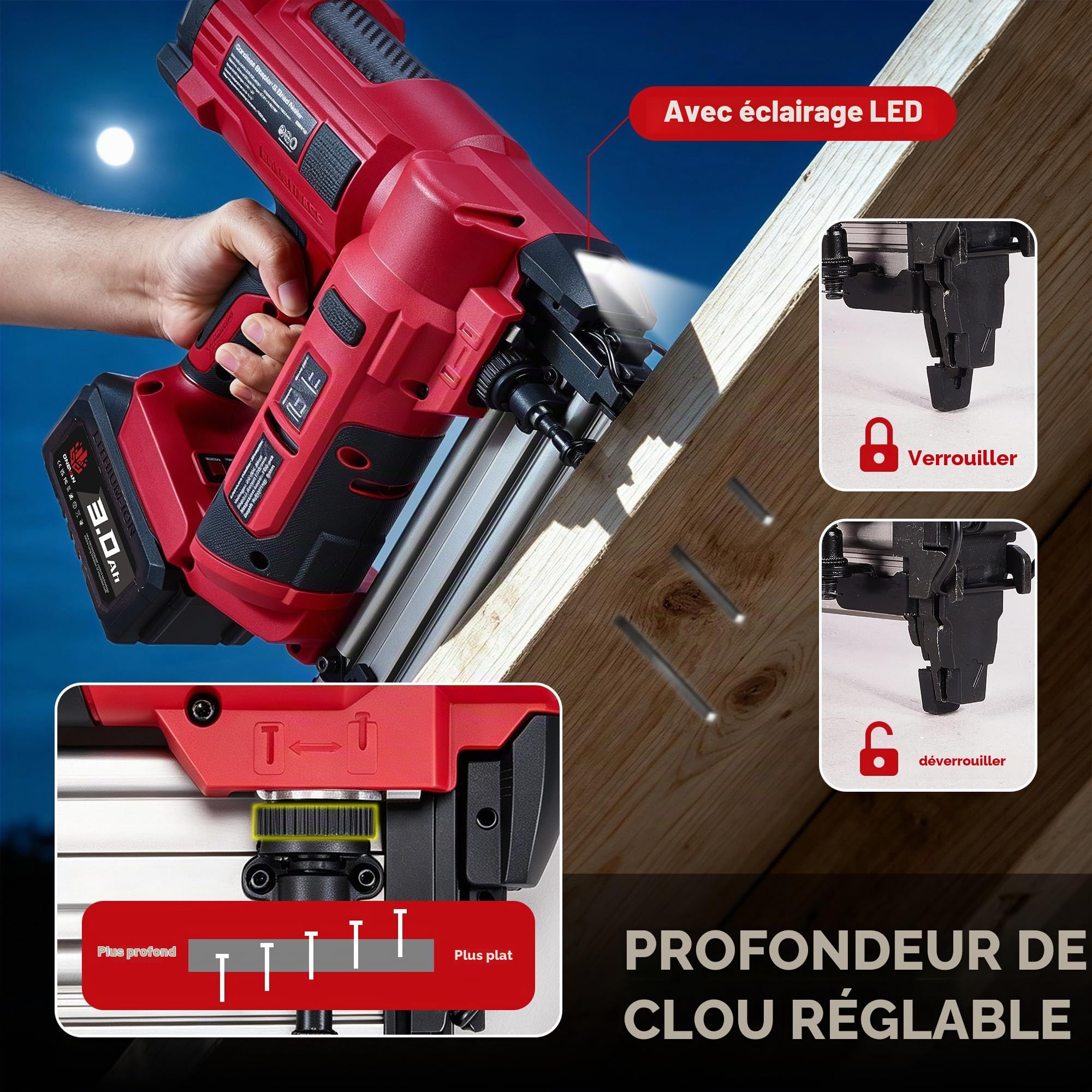 ONEVAN Cloueuse Électrique Sans Fil 18GA, Agrafeuse Avec 2 Batteries 3.0Ah | Autonomie 40min, Zone l'ongle 15mm–50mm, 120 clous/min, réglage profondeur, livrée 1000 clous, idéal bricolage & menuiserie