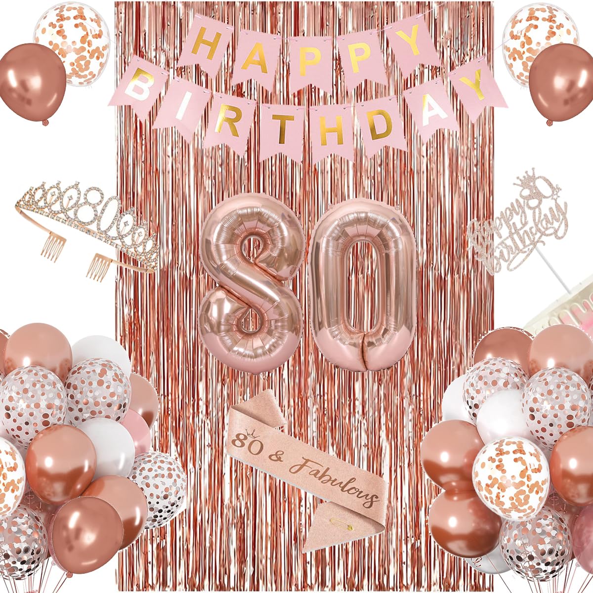 80th Birthday Decorations for Women, Happy 80th Birthday Banner Cake Topper Balloons Sash and Crown, Rose Gold 80 Birthday Party Decorations for Girls