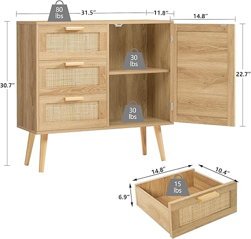 Miniatura 3 de Iwell Armario de almacenamiento con puerta de ratán natural y 3 cajones, estante ajustable, gabinete de ratán, aparador para sala de estar, entrada,