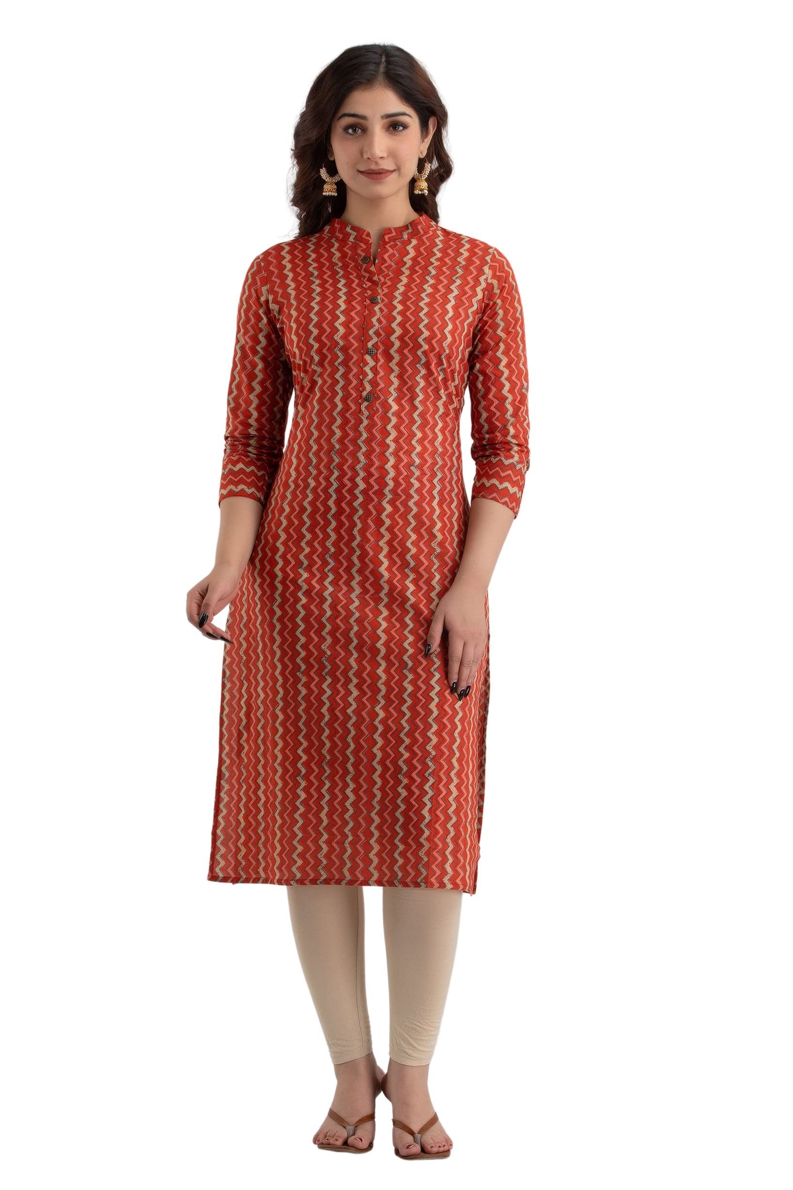 HENAL Women's Cotton Straight Printed Orange Zig Zag Kurta-picture-7