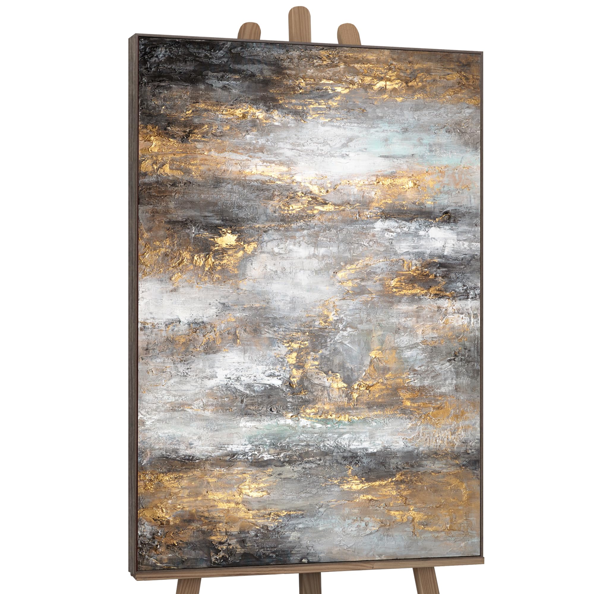 YS Dipinto Astratto Fatto A Mano 'Il Delicato Scorrere Del Tempo' - Toni Grigi, Beige, Oro E Argento, 120x80 Cm