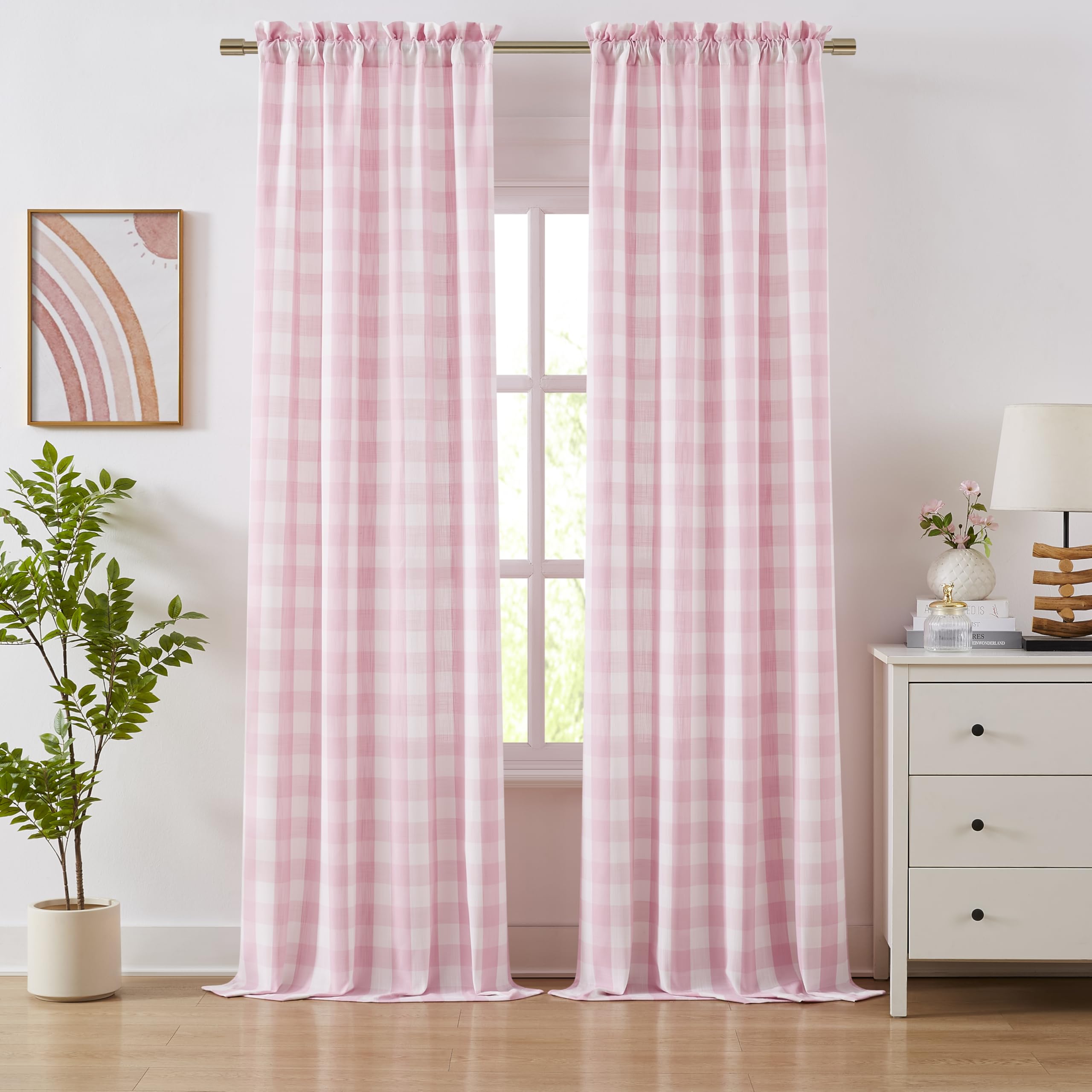 Bapawfish Pink White Buffalo Plaid Semi Sheer Curtains 95 Inches Length