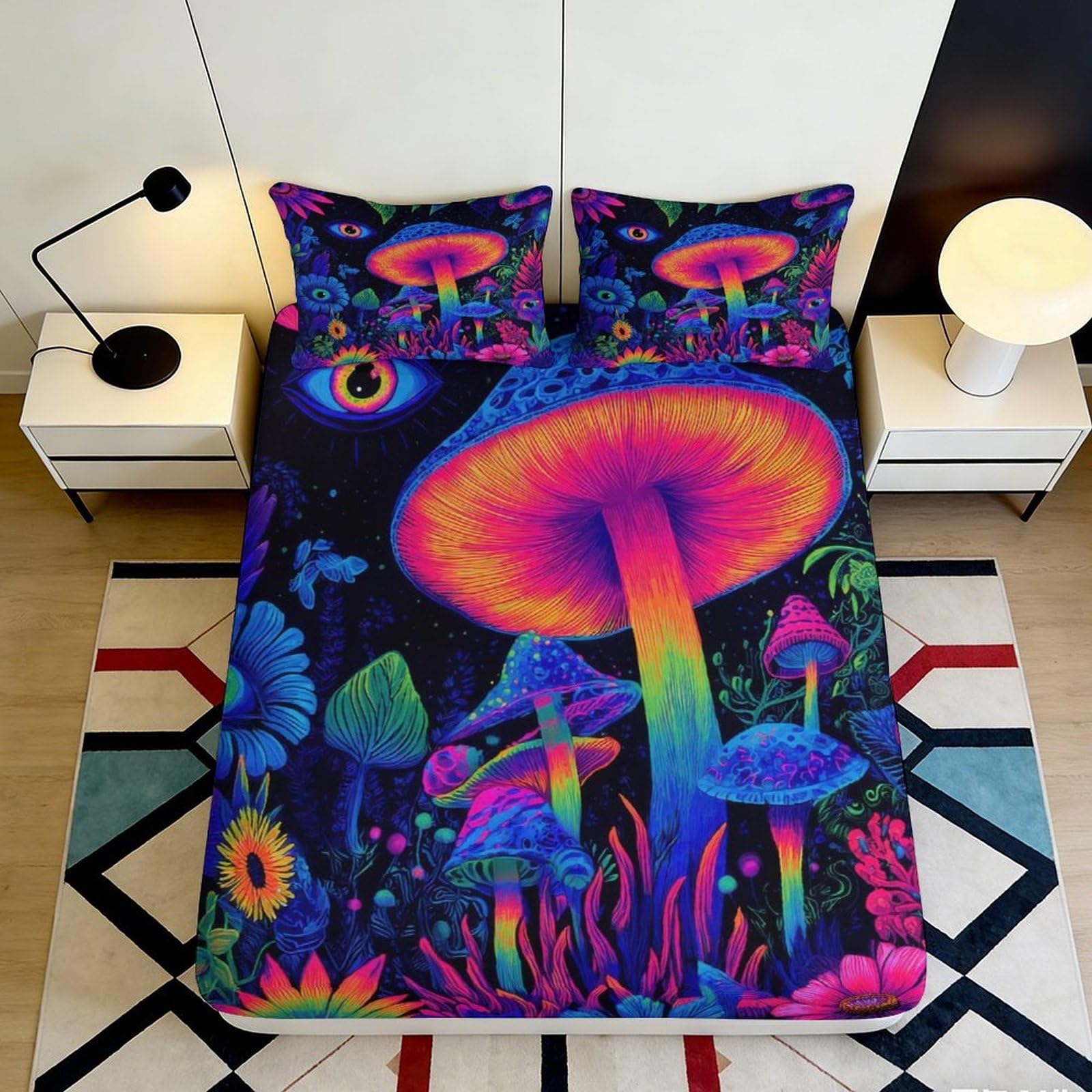 3D Printed Psychedelic Mushroom Fitted Sheet Microfiber Vibrant Rainbow Fantasy Bed Cover for Bedroom Dorm Decor 90x200x25cm