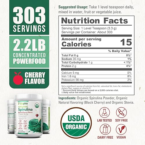 Miniatura 4 de biophix Polvo orgánico de espirulina de 2.2 libras, sabor a cereza negra, superalimento rico en proteínas, rico en nutrientes, potente antioxidante,