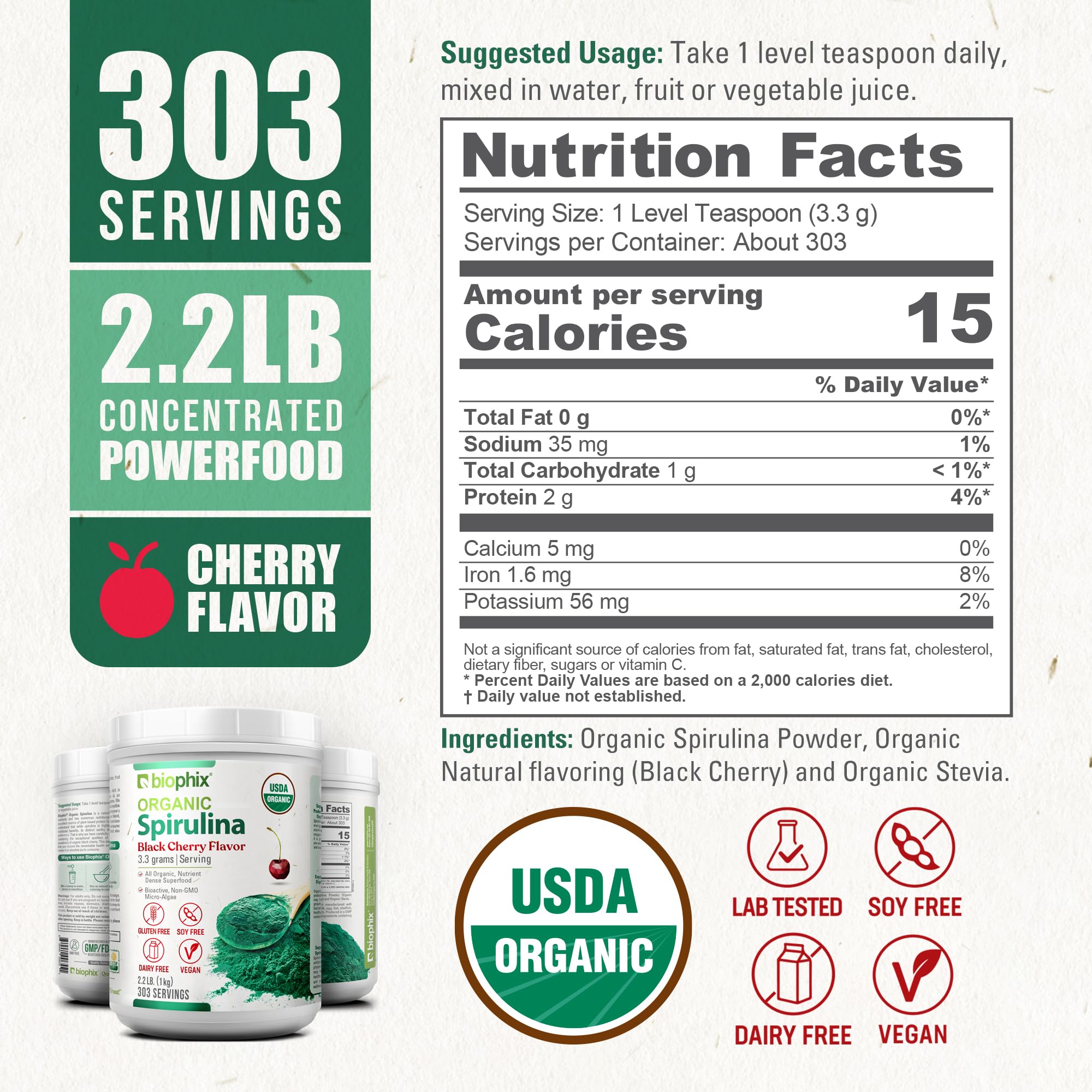 biophix Organic Spirulina Powder 2.2 lb Black Cherry Flavor - Protein-Rich Nutrient-Dense Superfood - Powerful Antioxidant - Supports Immune Health — Amazon image 4