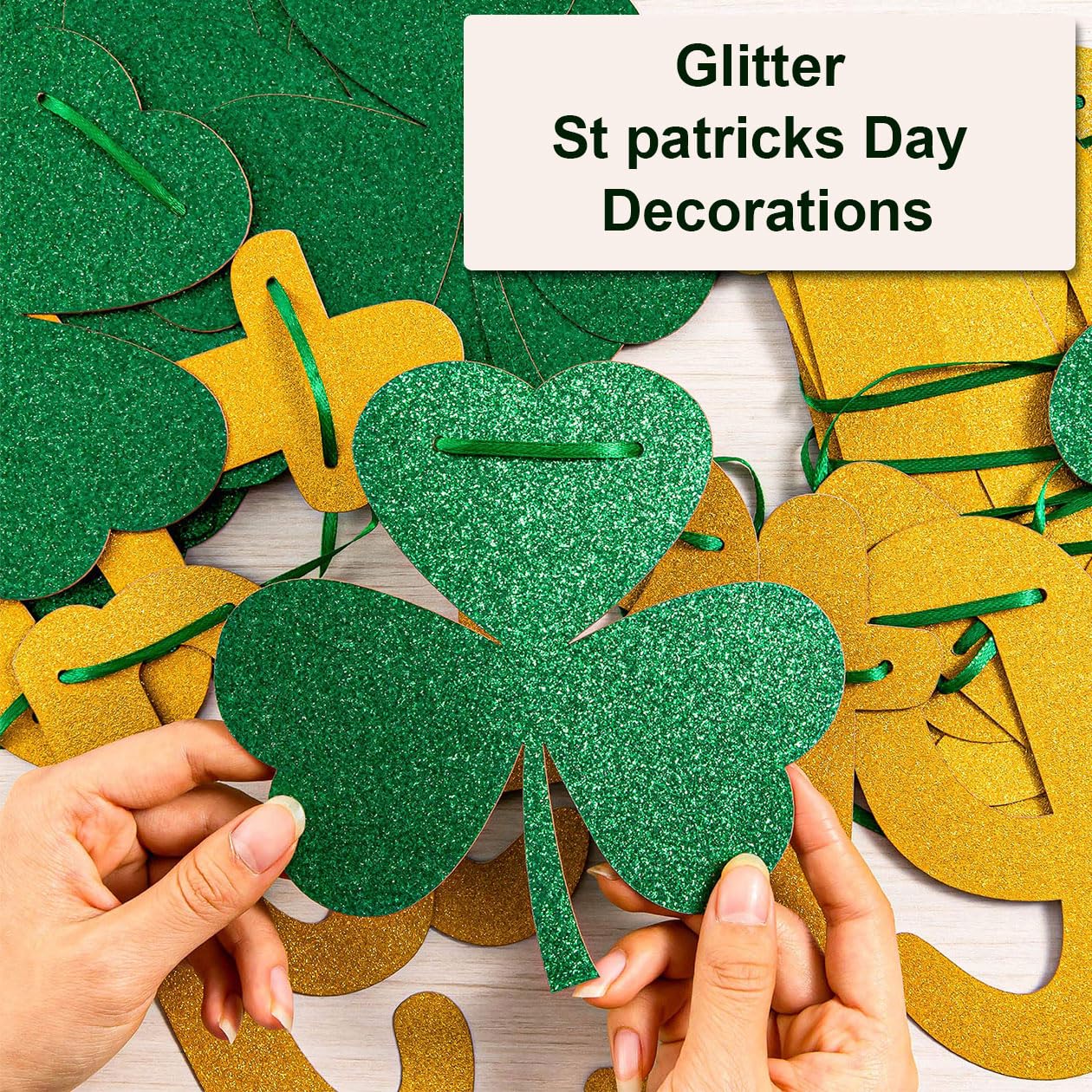 St patricks Day Decorations,2 Strings St Patricks Day Banner Glitter Let`s Get Shamrocked St Patricks Day Bunting,Creative Shamrock Hanging Ceiling Window Wall Party Photo Accessories Set - Image 3