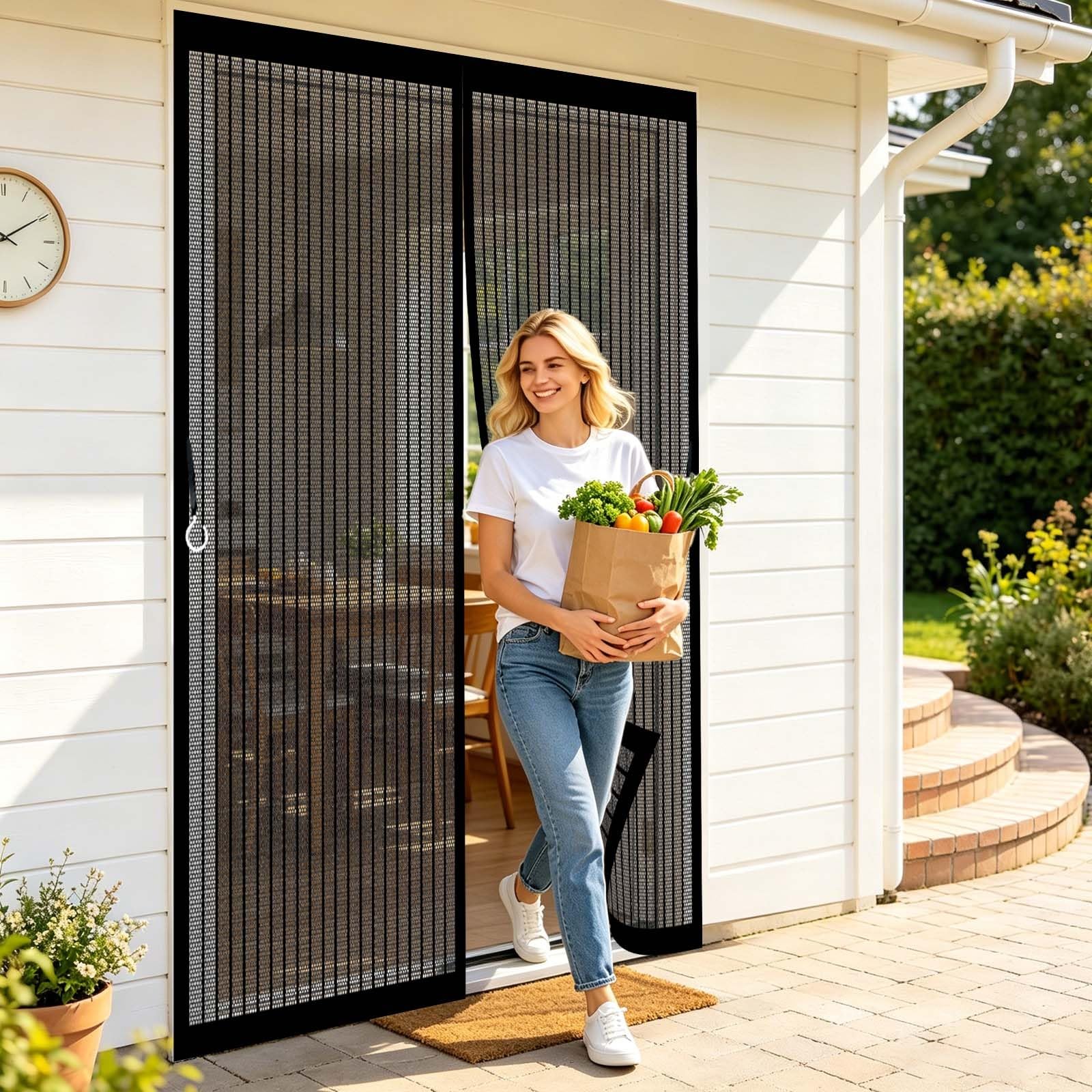Guoyfen Black Fly Screen Door 105 X 204 Cm Full Frame Magic Tape, Magnet Silent Closure, No Punching Heavy Duty Fly Screen Door Mesh Curtain With Magnets For Patio Balcony,