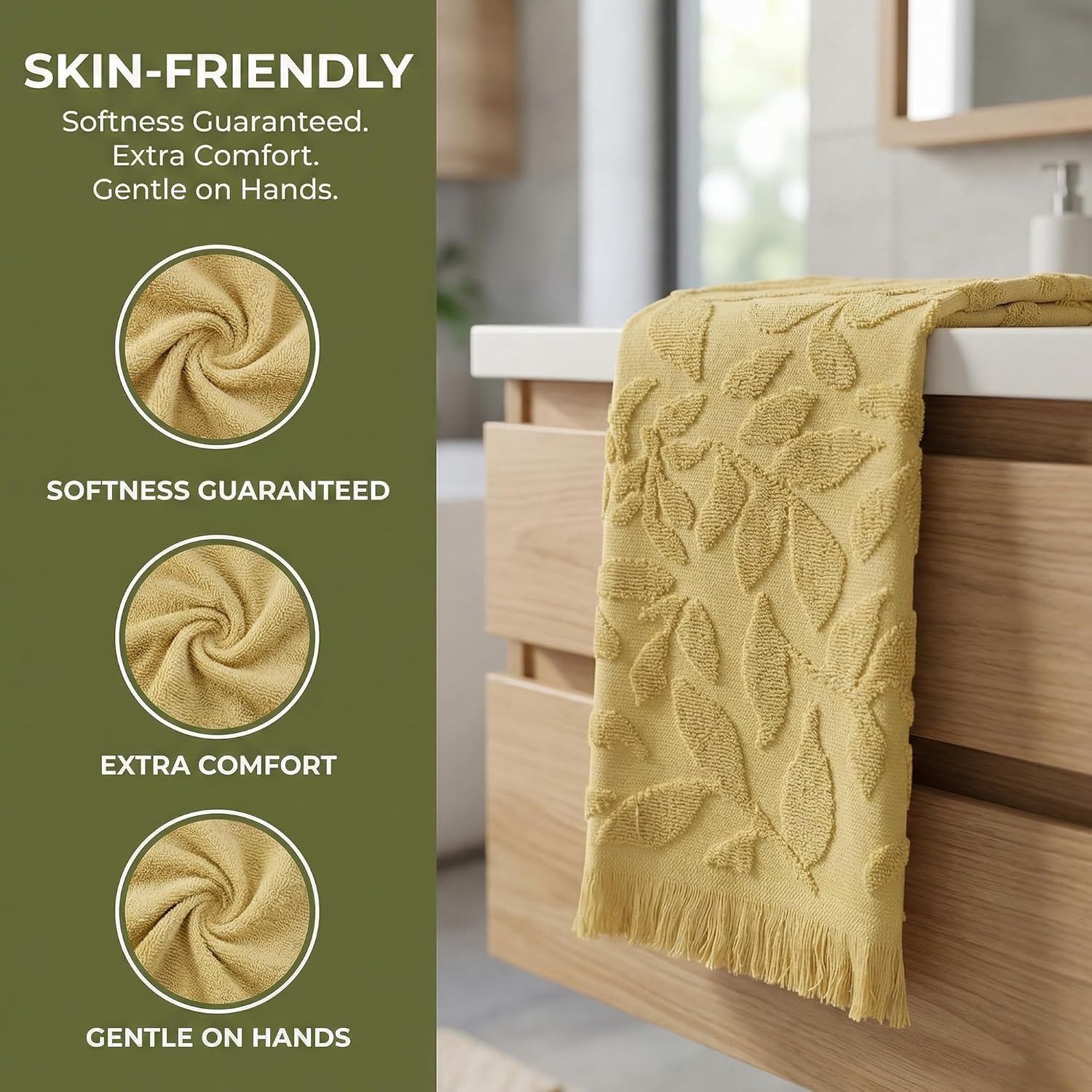 Jacquard Pattern Boho Decorative Hand Towels, Cotton Turkish Absorbent Soft Hand Towel for Bathroom, Kitchen, Hotel, Spa 4 Pack Yellow