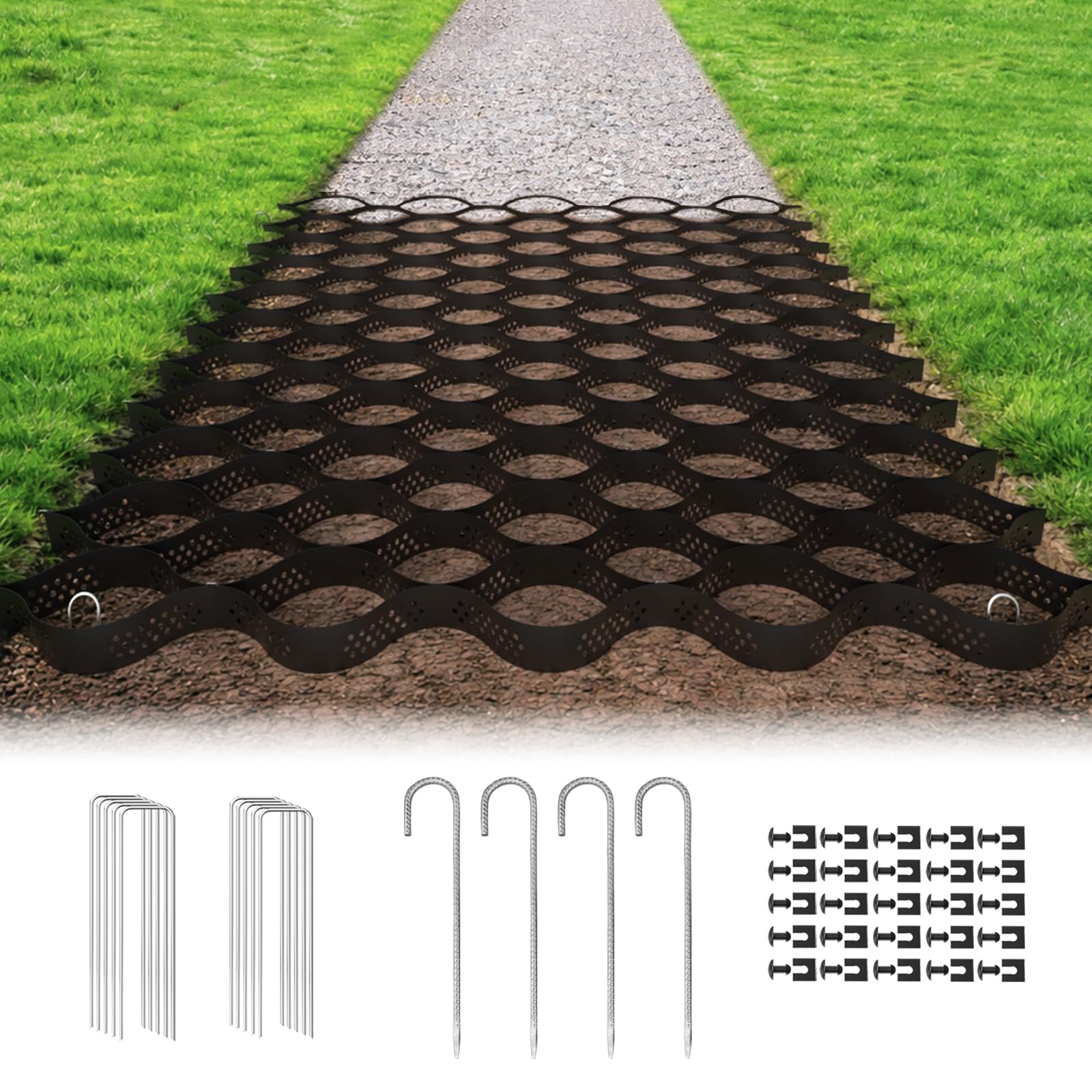 Gravel Grid 2'' Depth with Metal Stakes, 6.6x16.4 FT Geogrid for Gravel Driveway 2200 lbs per Sq FT Erosion Control Ground Grid Gravel Stabilizer Grid for Driveway, Parking Lot, Slope, Walkway, Patio 2IN TALL 6.6 x 16.4 FT
