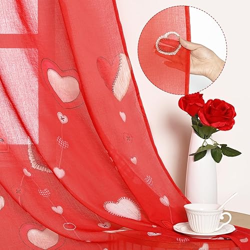 Miniatura 3 de Cortinas para el día de San Valentín para sala de estar, cortinas semitransparentes de gasa roja de 63 pulgadas de largo, 2 paneles con bolsillo