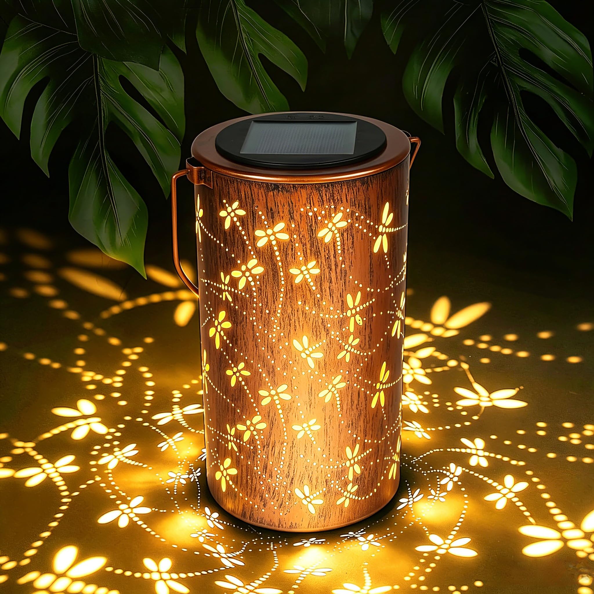Linterna solar impermeable para exteriores, linterna solar colgante de metal con libélula, luces LED solares para jardín, patio, balcón, porche, decoración de regalos para mujeres, mamá, abuela, 1