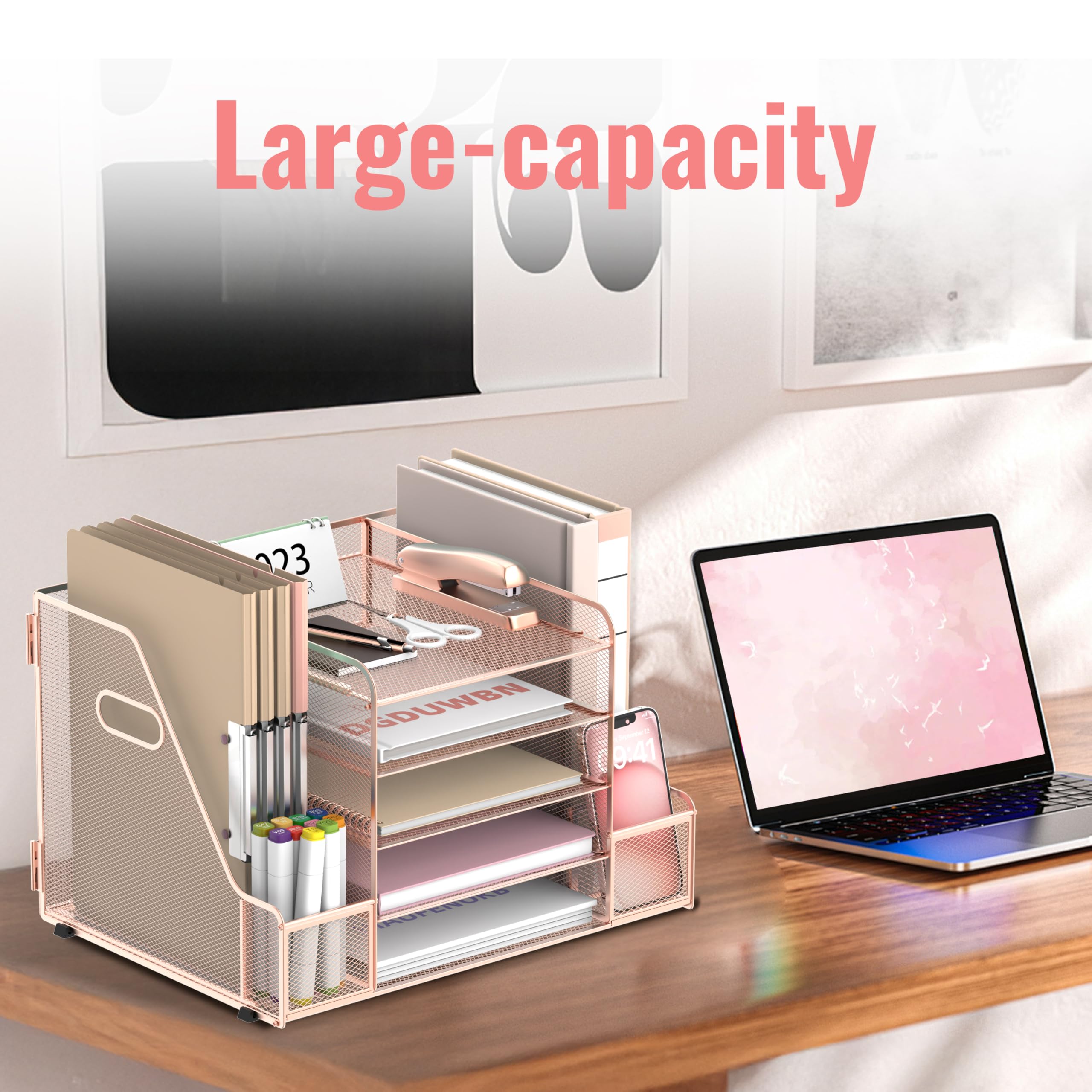 SUPEASY Gitter - Schreibtischorganizer mit Dateienhalter, 5 - Schichten - Papier - und Briefkastenträger mit Magazinehalter, Schreibtischorganizer und Lagerungseinheit, Rose Gold