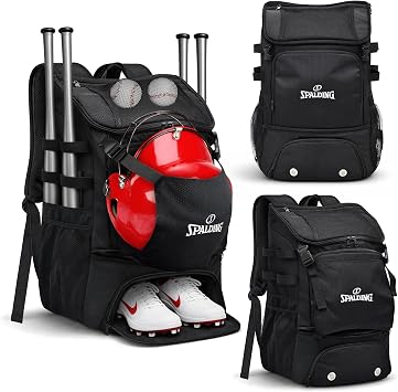Spalding Baseball Backpack Baseball Bag | Youth & Adult Large Black Backpack with Compartment for Tball Softball Sports Gear | Fits Bat Glove Shoes Ball Helmet | Waterproof Adult Bat Bag Softball Gift