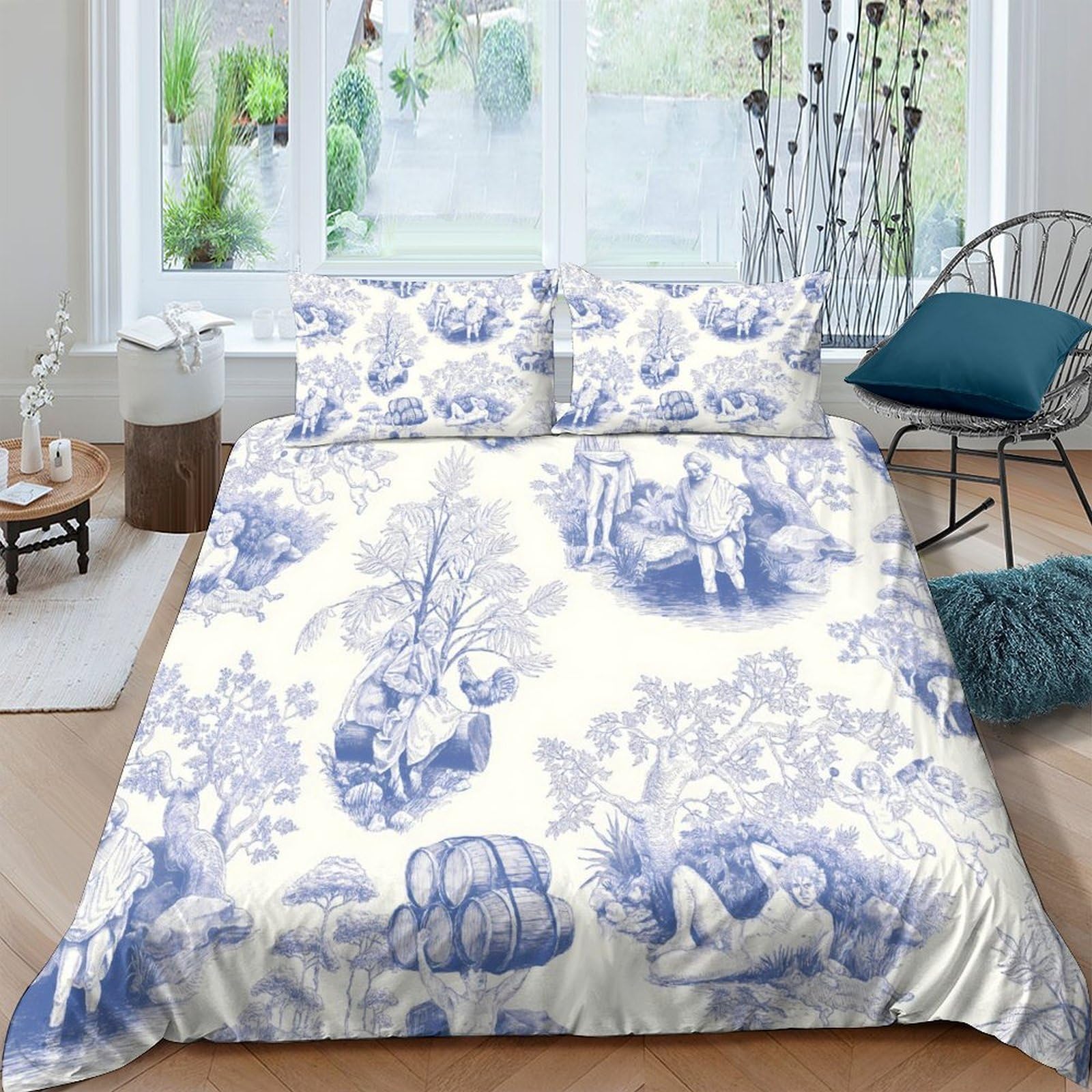Ctjqhvkz Style-3 3D Printed Blue Toile De Jouy Fitted Sheet Microfiber Soft Breathable Pastoral Scenery Mattress Cover For Bedroom Dorm Rental Single（135X200cm）