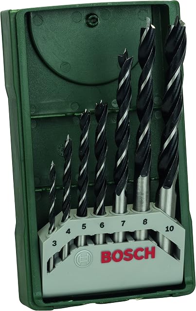 Bosch 7pc. Mini-X-Line Brad Point Wood Drill Bit Set (for Soft- and Hardwood, Ø 3-10 mm, Accessories Drill Driver and Drill Stand)