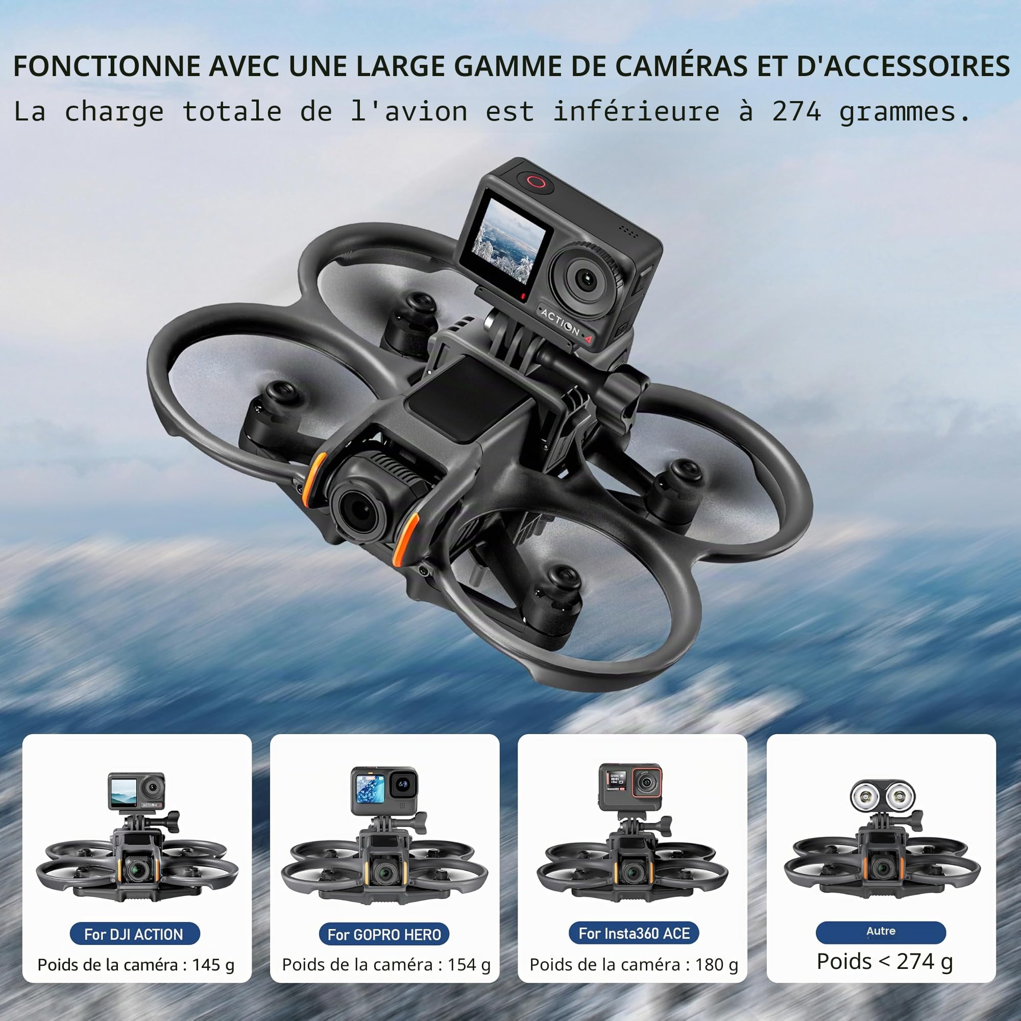 STARTRC Support de caméra Avata 2 pour DJI Avata 2/Action4, pour Gopro, pour Insta360 X4/X3/Ace Pro, Support de caméra de Sport Multifonctionnel Accessoires