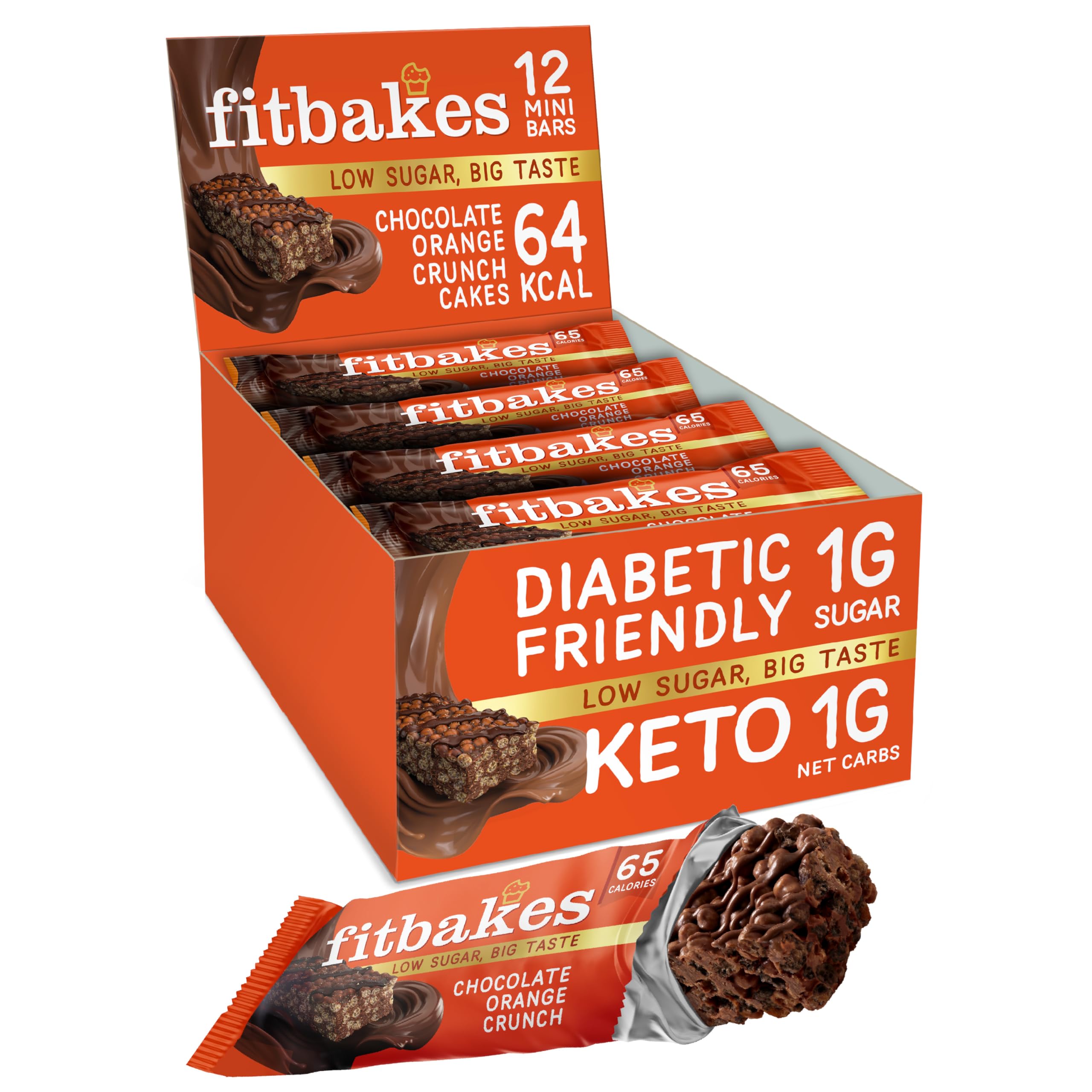 65 Calories Mini Chocolate Orange Bars (12x19g) Diabetic Chocolate Keto Snack, 1 Net Carb Low Sugar Crunch Cake Diabetic Sweet Biscuits, Low Calorie Snack, No Added Sugar, Fitbakes