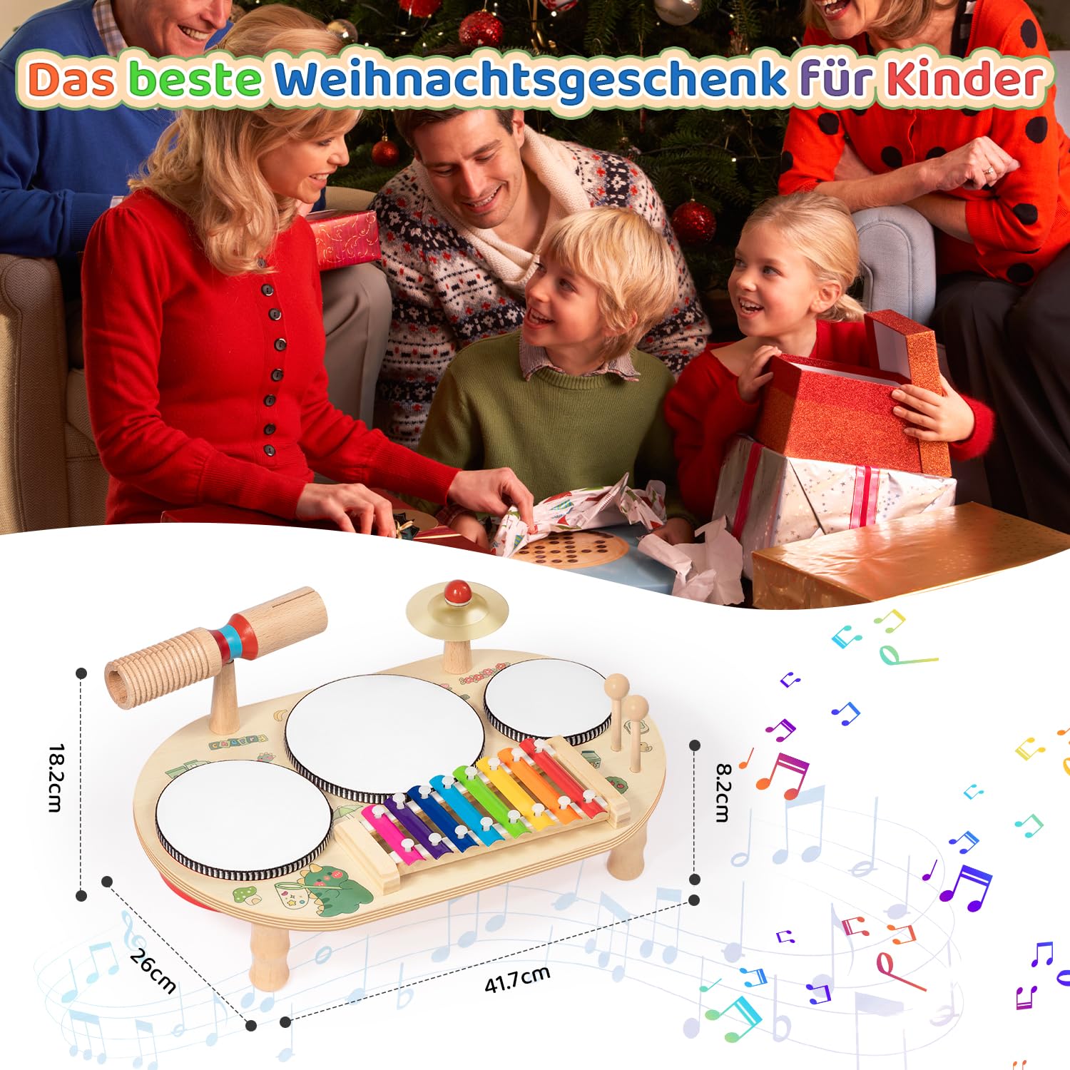 Schlagzeug Kinder, 8 In 1 Kinder Trommel Set, Musikspielzeug Musikinstrumente mit Xylophon, Holz Montessori Spielzeug für Jungen und Mädchen