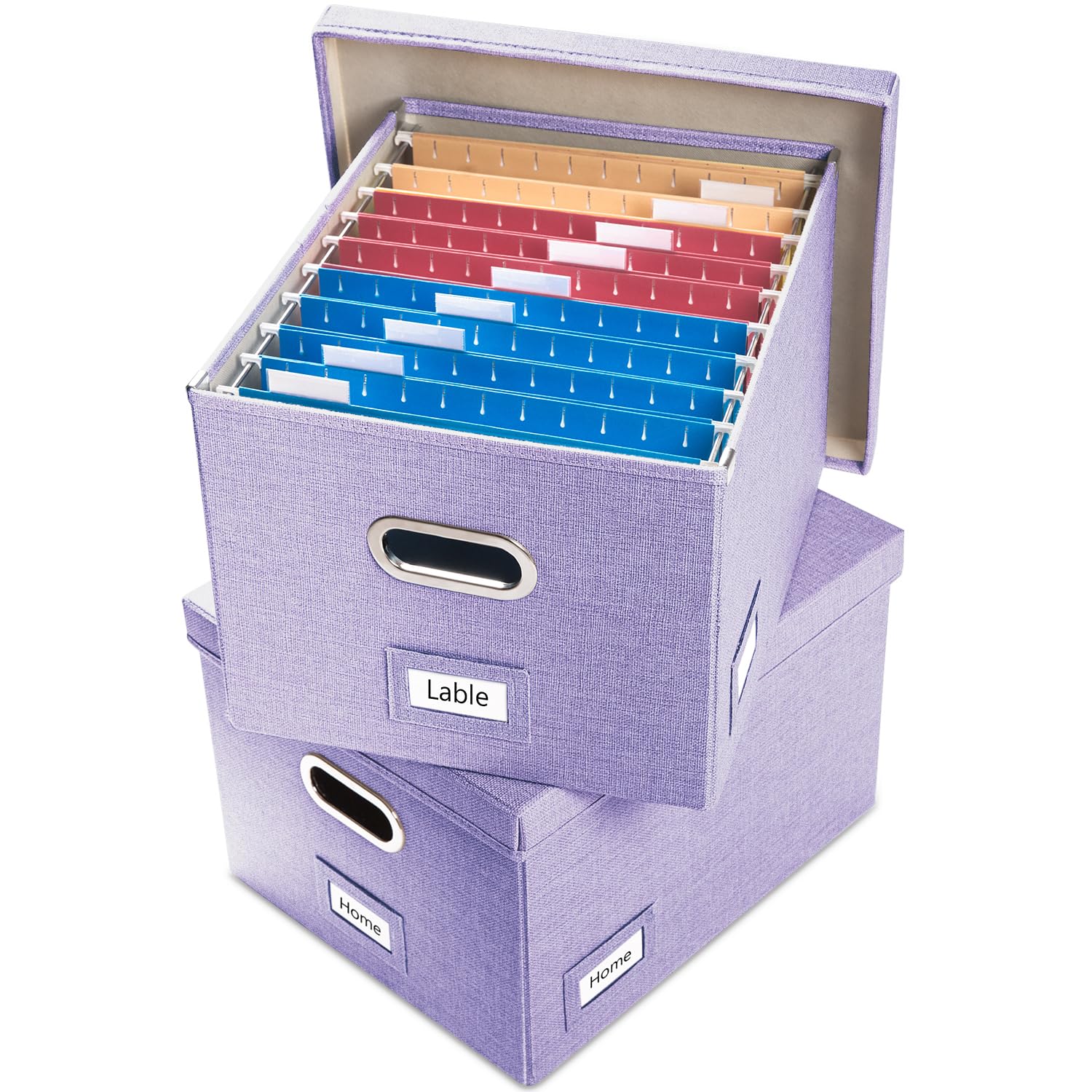 PRANDOM File Organizer Box - Set of 2 Collapsible Decorative Linen Filing Storage Hanging File Folders with Lids Office Cabinet Letter/Legal Size Purple (17x14x11.2 inch)