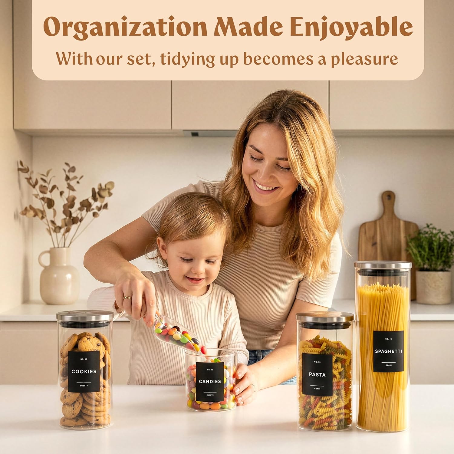 Glass Storage Containers with Stainless Steel Lids [Extra Thick Glas] with 54 Labels - Canister For Pantry Noodles Flour Cereal Rice Sugar Tea Coffee Beans - Round Set of 5x - Image 4