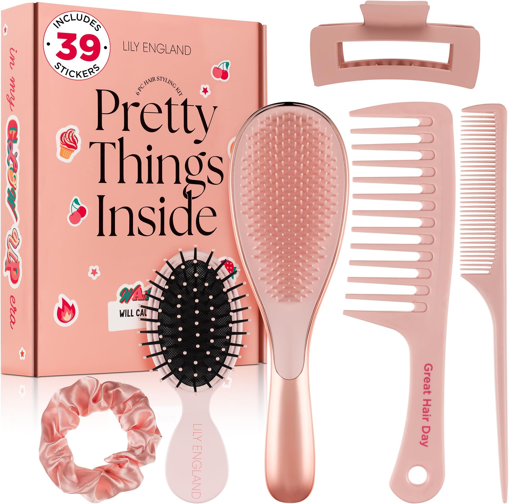 Detangle Hair Brush for Thick, Curly & Straight Hair - Fun Stocking Fillers for Teenage Girls & Kids with Decorative Stickers - Teenage Girl Gift (Rose Gold, 6 Pack + 39 Stickers)