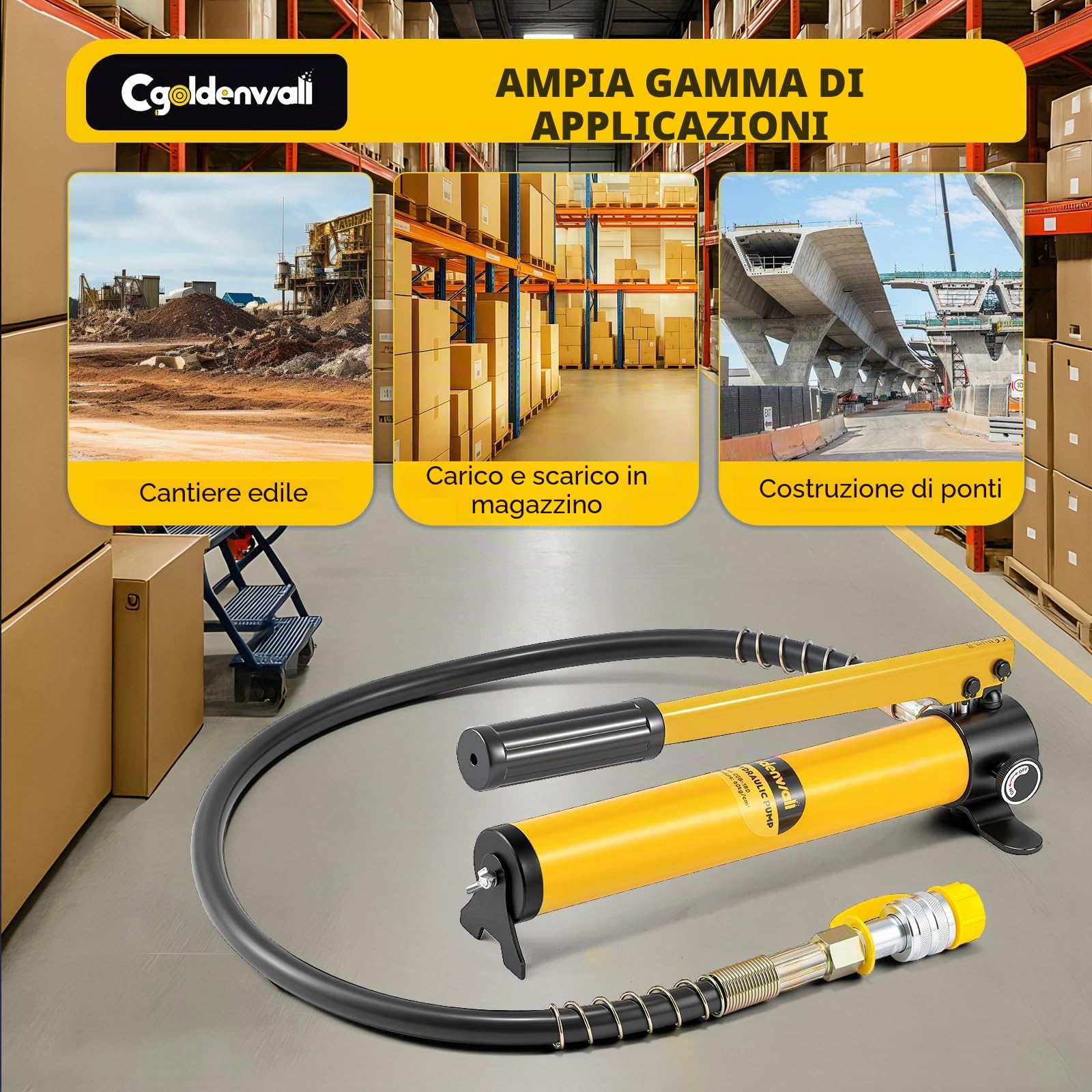 CGOLDENWALL CP-180 Pompa Idraulica Manuale, Alta Pressione 60kg/cm², Contenuto di Olio 400cc, con Lunghezza Tubo 0,8m, per Martinetti 10T/20T