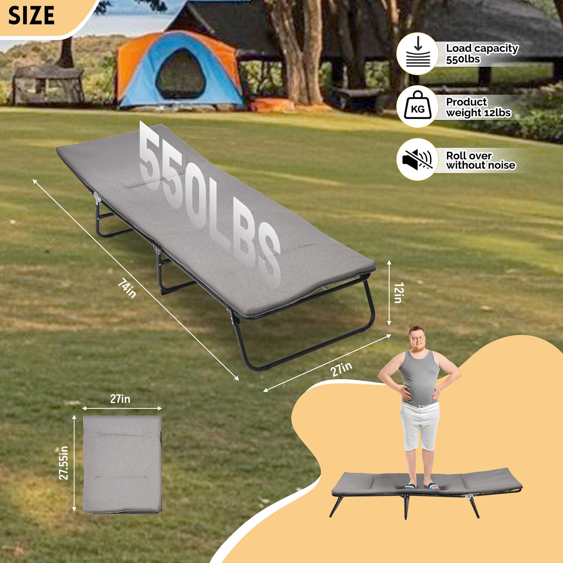 Folding Camping Cot Portable Outdoor Bed for Adults, Oversized Patio Reclining Lounge Chairs, Folding Sleeping Bed for Outdoor, Indoor, Backyard, Garden, Camping, Relaxing, Beach Tanning (Grey)