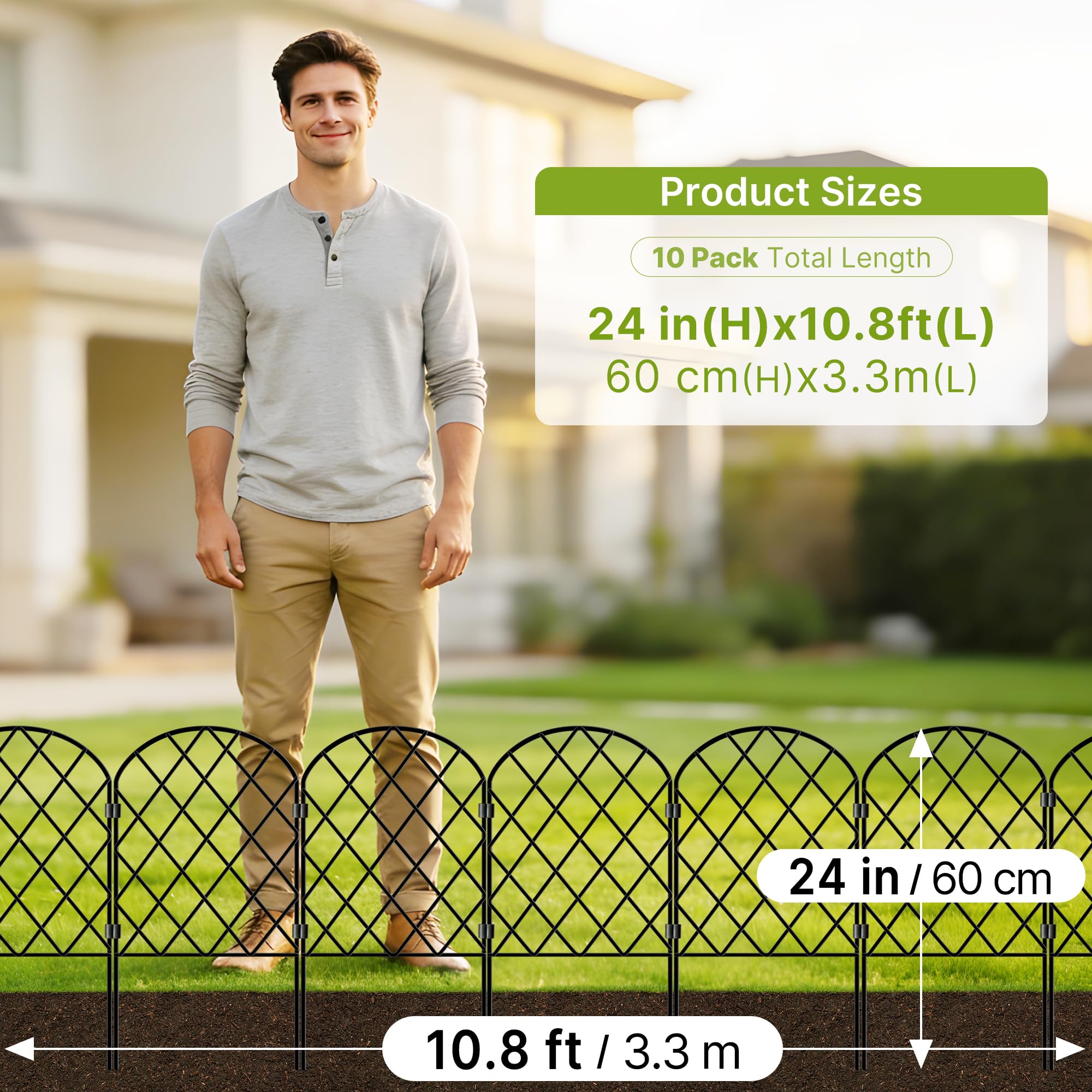 Thealyn Dekorativer Gartenzaun aus Metall (10 Stk., 61x33 cm, L: 3,3 m), grabungsfreier Steckzaun, wetterfest, für den Außenbereich, Beeteinfassung, Rasenkante & Wegbegrenzung (Die Raute)