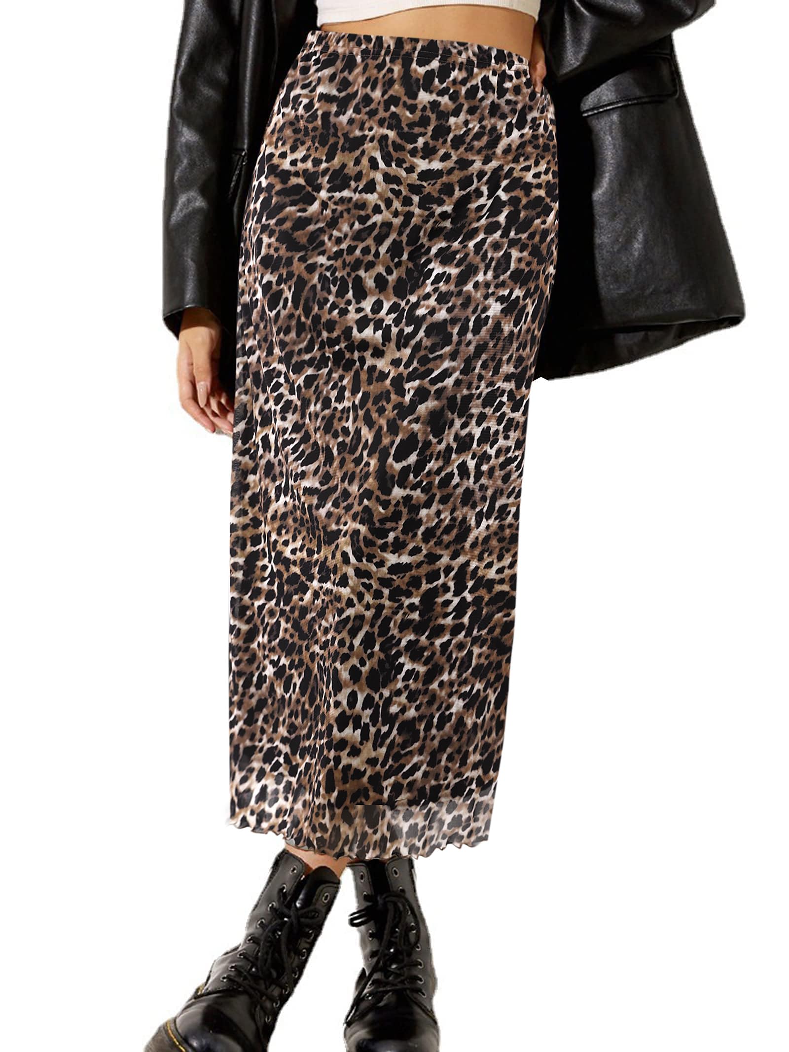 Avanova Women Ditsy Floral Bohemian Mesh Midi Skirt Elastic High Waisted Flowy Summer Long Skirt