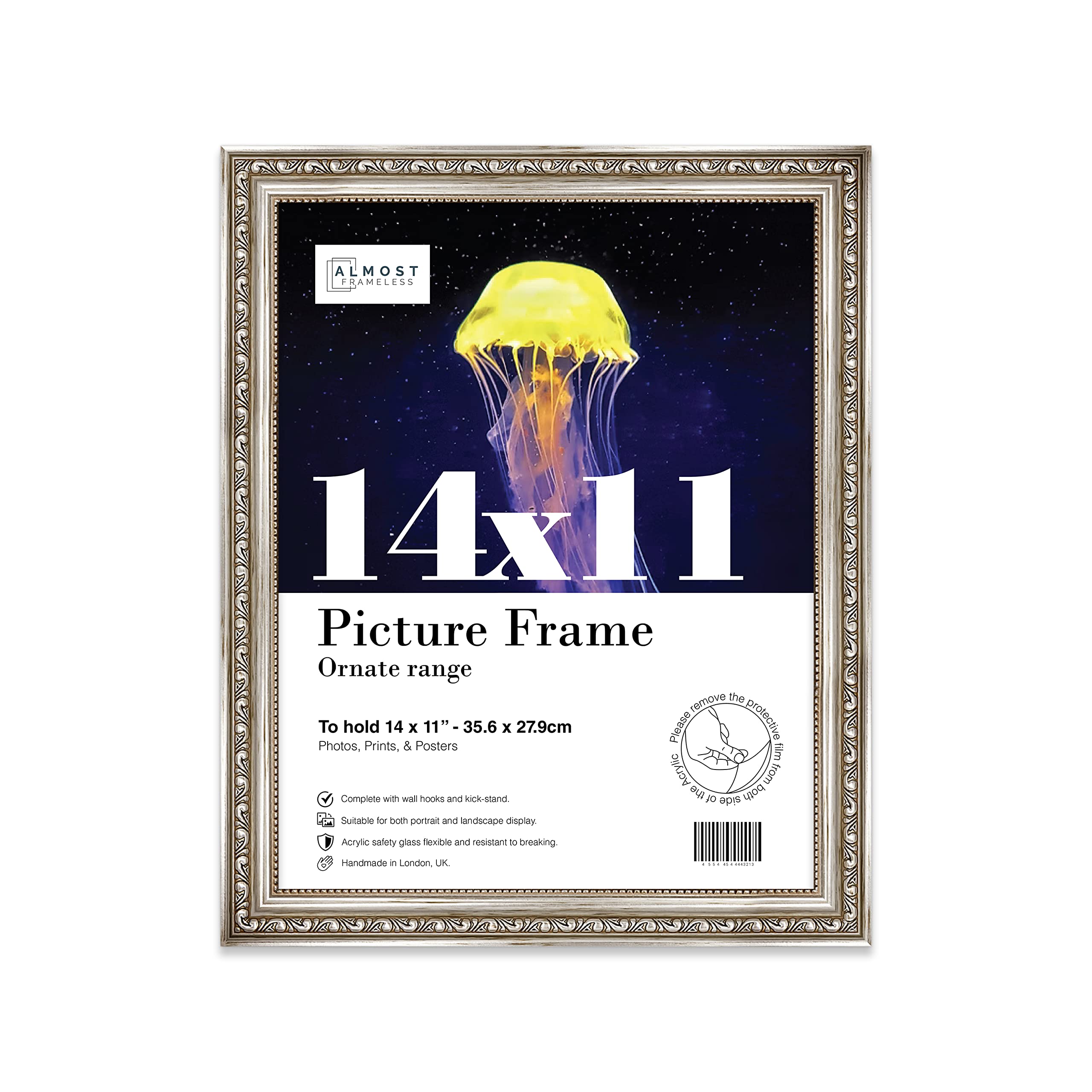 Almost Frameless 14x11 Silver Ornate Picture Frame 14"x11"(35.6x27.9cm) Poster, Photo, Artwork, or Print. Antique Style Portrait and Landscape Display with Wall Hooks