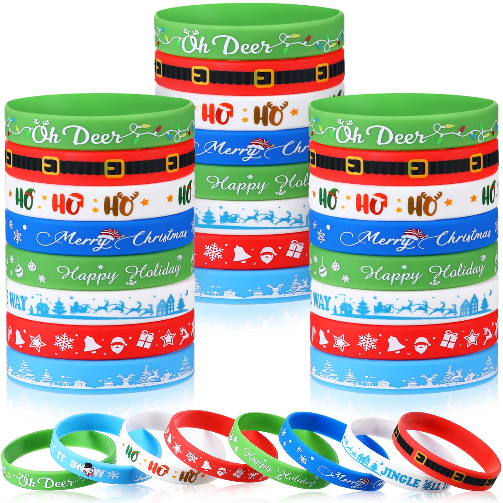 Photo 1 of 48 Pieces Christmas Silicone Bracelets Wristband Xmas Rubber Bracelet Merry Christmas Wristbands for Kids Adults Stocking Stuffers Gifts Christmas Holiday Party Supplies Favors, 8 Style (Bright Style)
