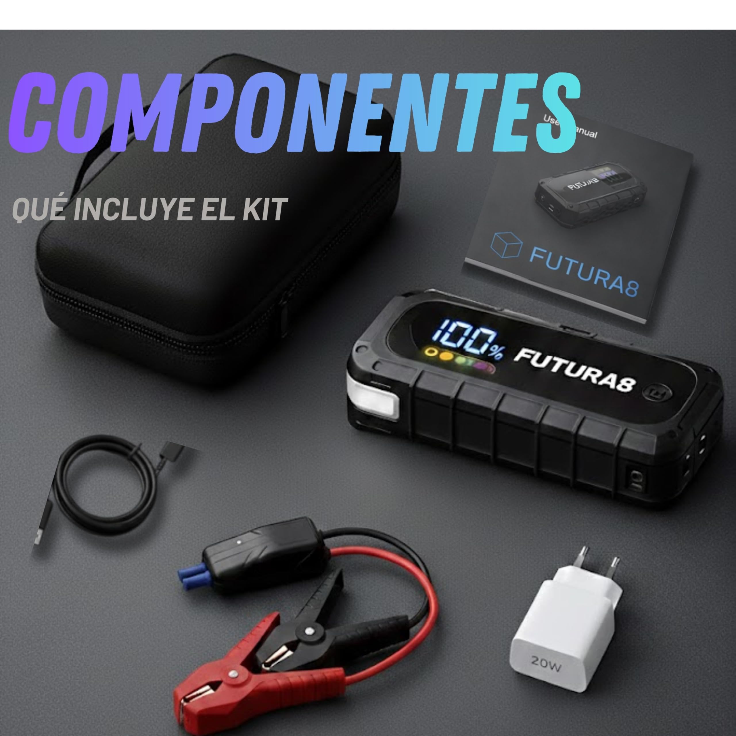 Arrancador de Baterias de Coche 4000A, Jump Starter 12V 24000mAh, Todo Gasolina y Diésel 8L, Coche y Moto, Power Bank USB-C, Linterna LED SOS, Pinzas Antichispas, Cargador y Funda Incluidos
