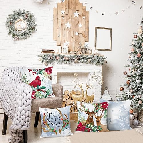 Miniatura 4 de Bonhause Juego de 4 fundas de almohada de reno de Navidad de 18 x 18 pulgadas, almohadas decorativas de Papá Noel para sofá, decoración de