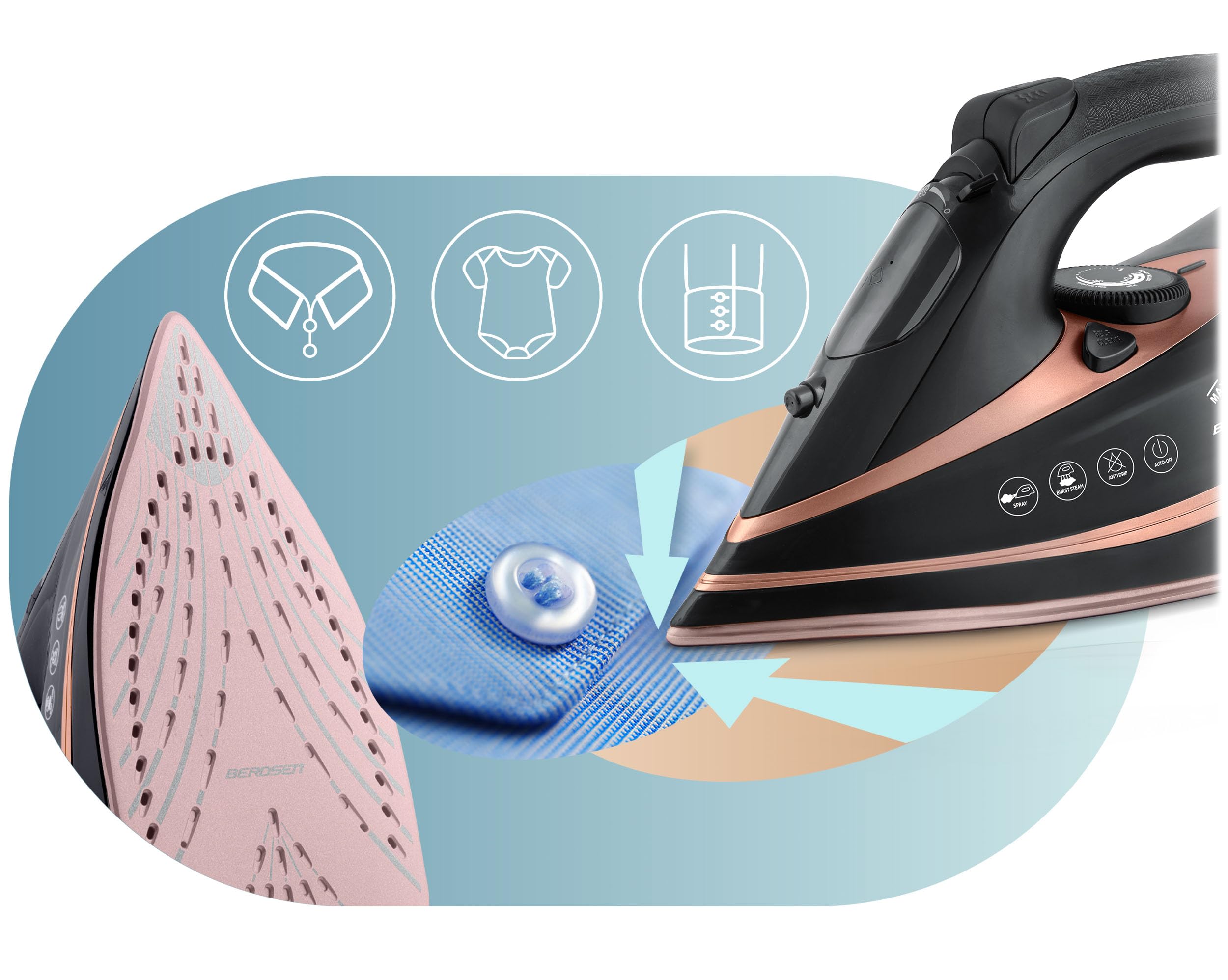 Berdsen Plancha de vapor, 3000 W, 10 en 1, con suela de cerámica, depósito de agua de 360 ml, doble golpe de vapor, color negro
