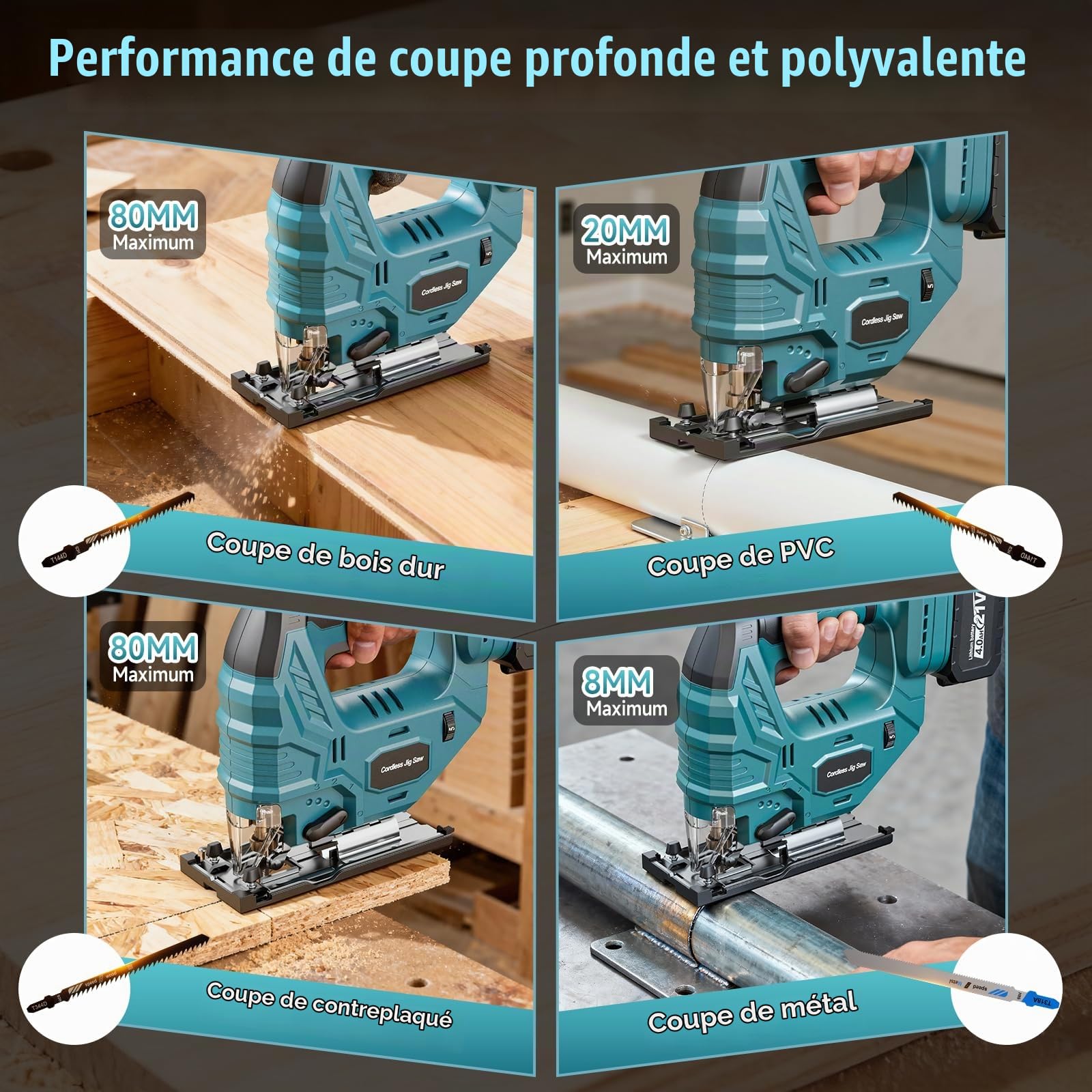 Yofuly Scie Sauteuse sans fil Compatible avec Batterie Makita 18V, Scie Sauteuse Électrique 7 Vitesses Variables 3200SPM ±45° Angle de Coupe, 2 Batteries 4,0Ah, 6 Lames pour Bois/Plastique/Métal