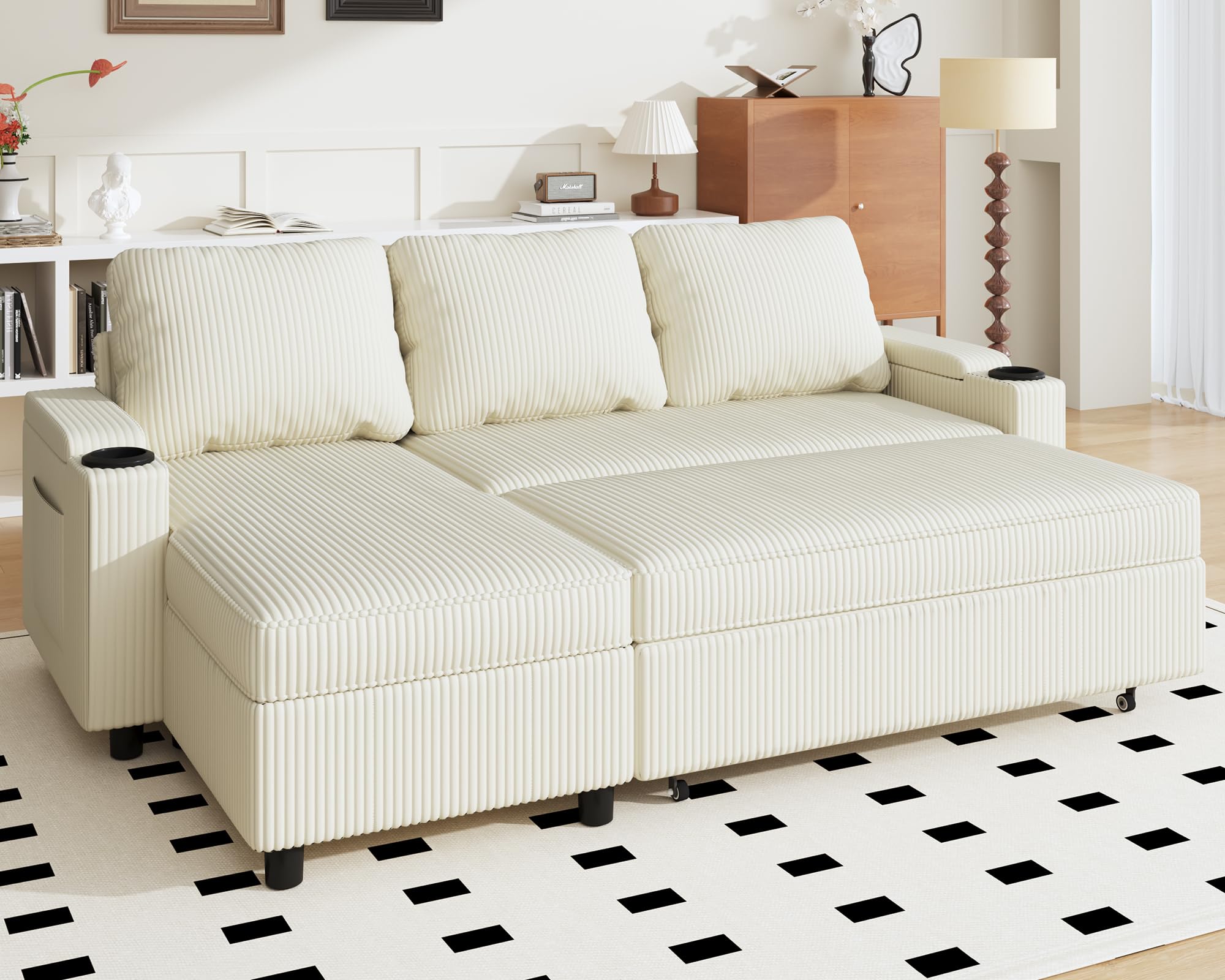JUMMICO 3 Seater Corner Sofa Bed with Storage L-Shaped Pull Out Sleeper Sofa Convertible Sectional Couch for Living Room and Bedroom,Corduroy Beige