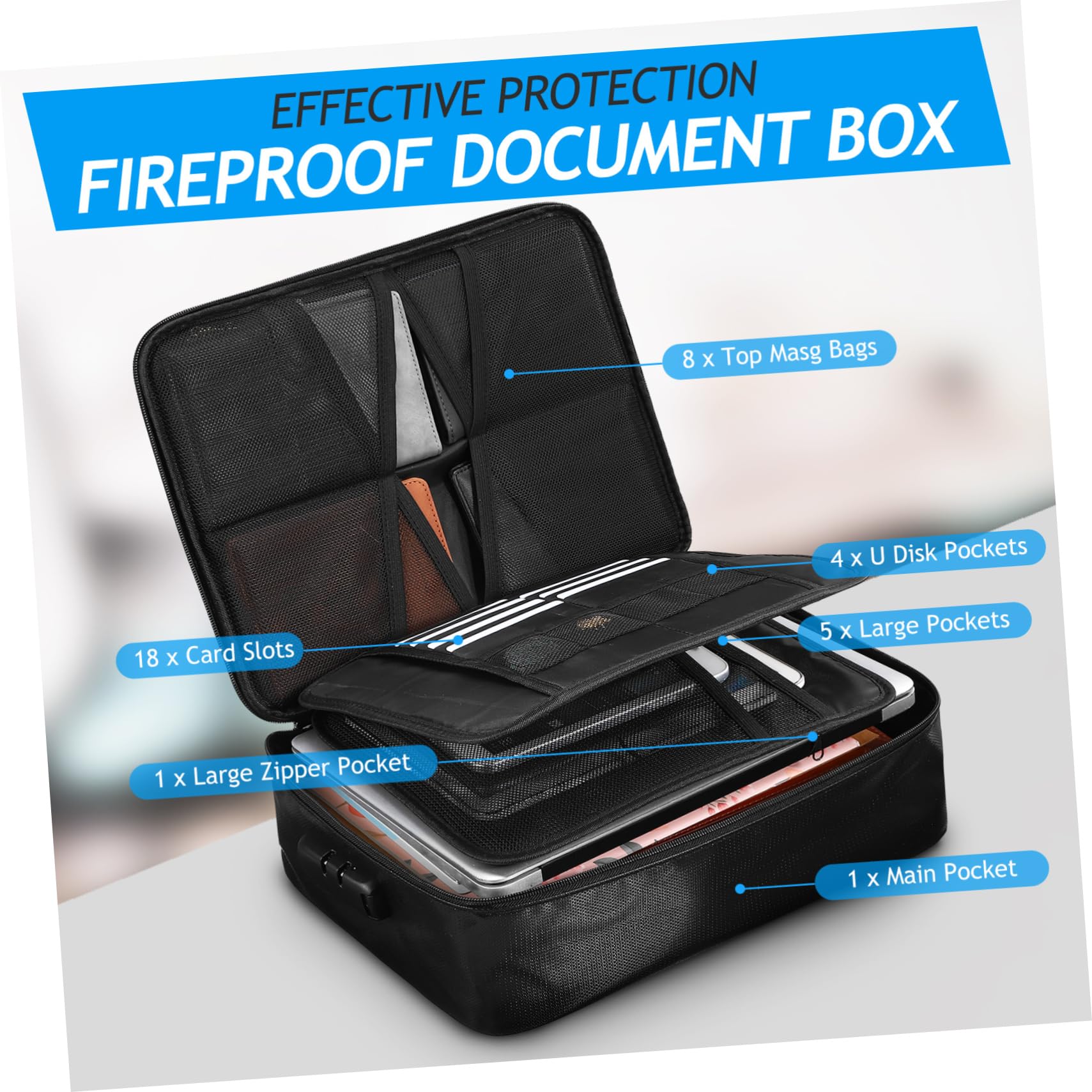 BESTYASH Caja Ignífuga para Documentos y Pasaporte de Viaje, Negra