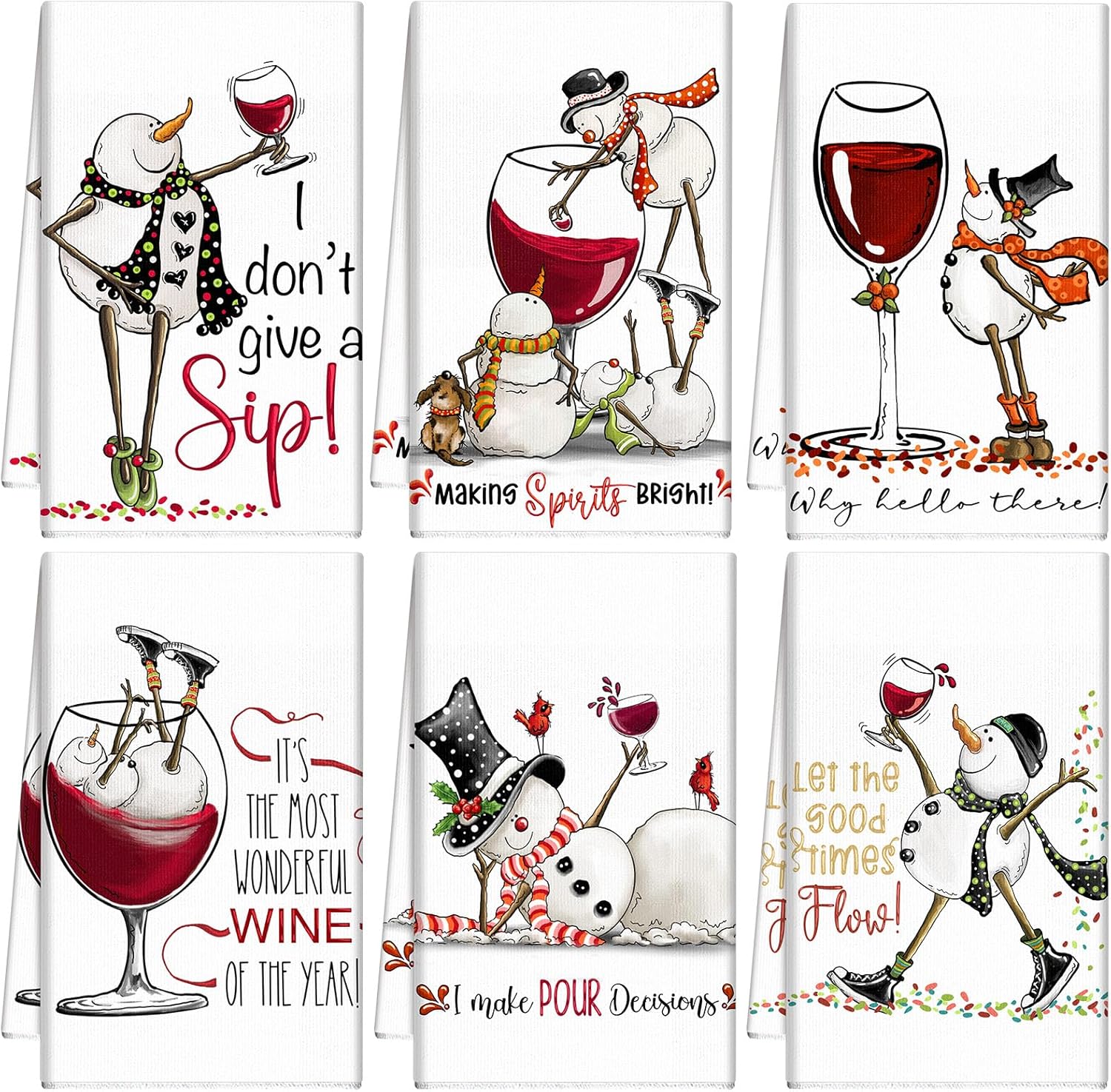 Hosuly 6 Pcs Christmas Snowman Wine Kitchen Towels Winter Decorative Hand Towels Xmas Snowman Dish Tea Kitchen Decor Christmas Cocktail Bar Decor for Home Wine Lover Gifts - Image 8
