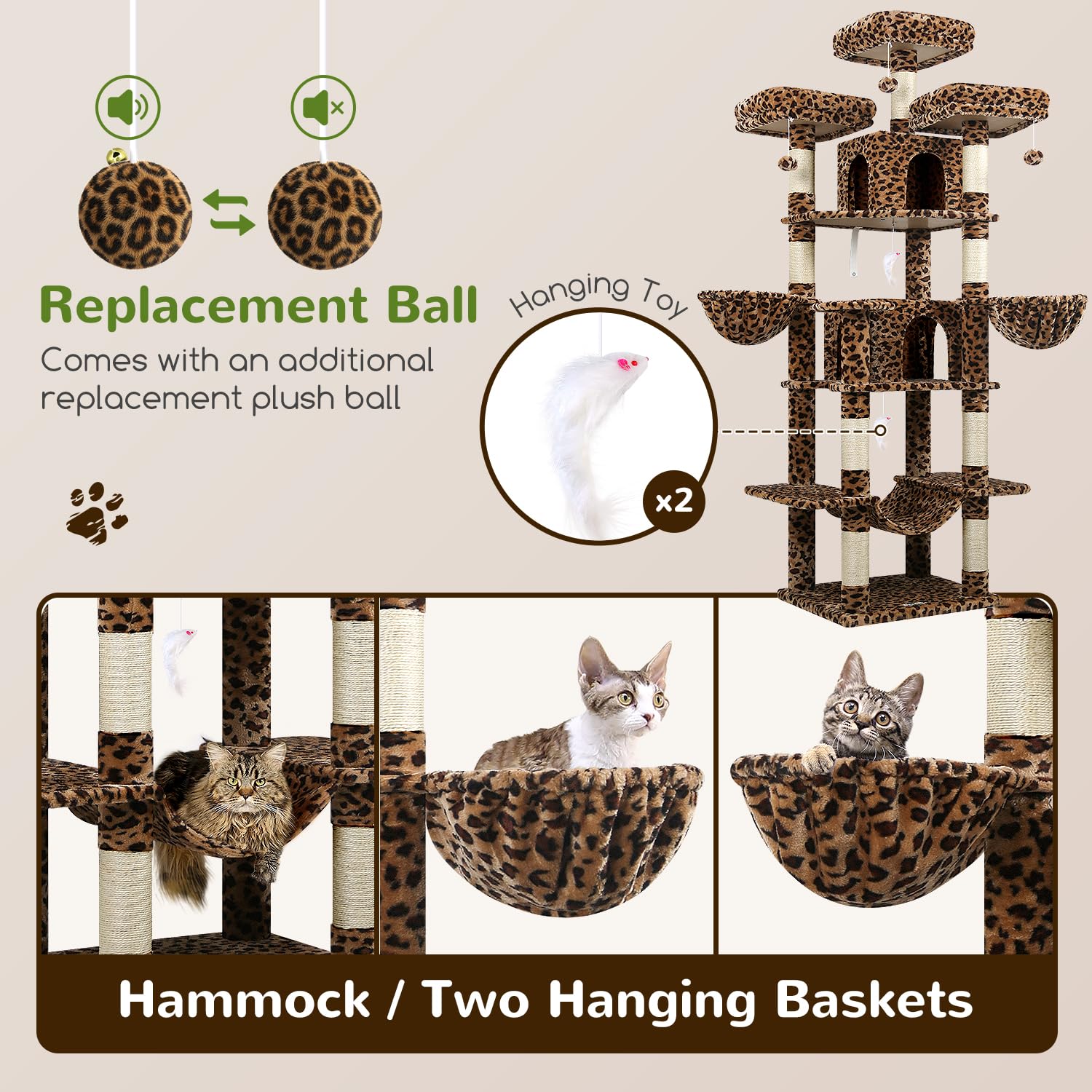 Globlazer Arbol Gato para 3-5 Gatos Leopardo XXL Alto 204 cm con 3 Perchas Acolchadas, 2 Nidos, 2 Cesta, Hamaca, Lujo Árbol Rascador para Múltiple Gatos Descansar Jugar Rascarse (F80, Leopardo)