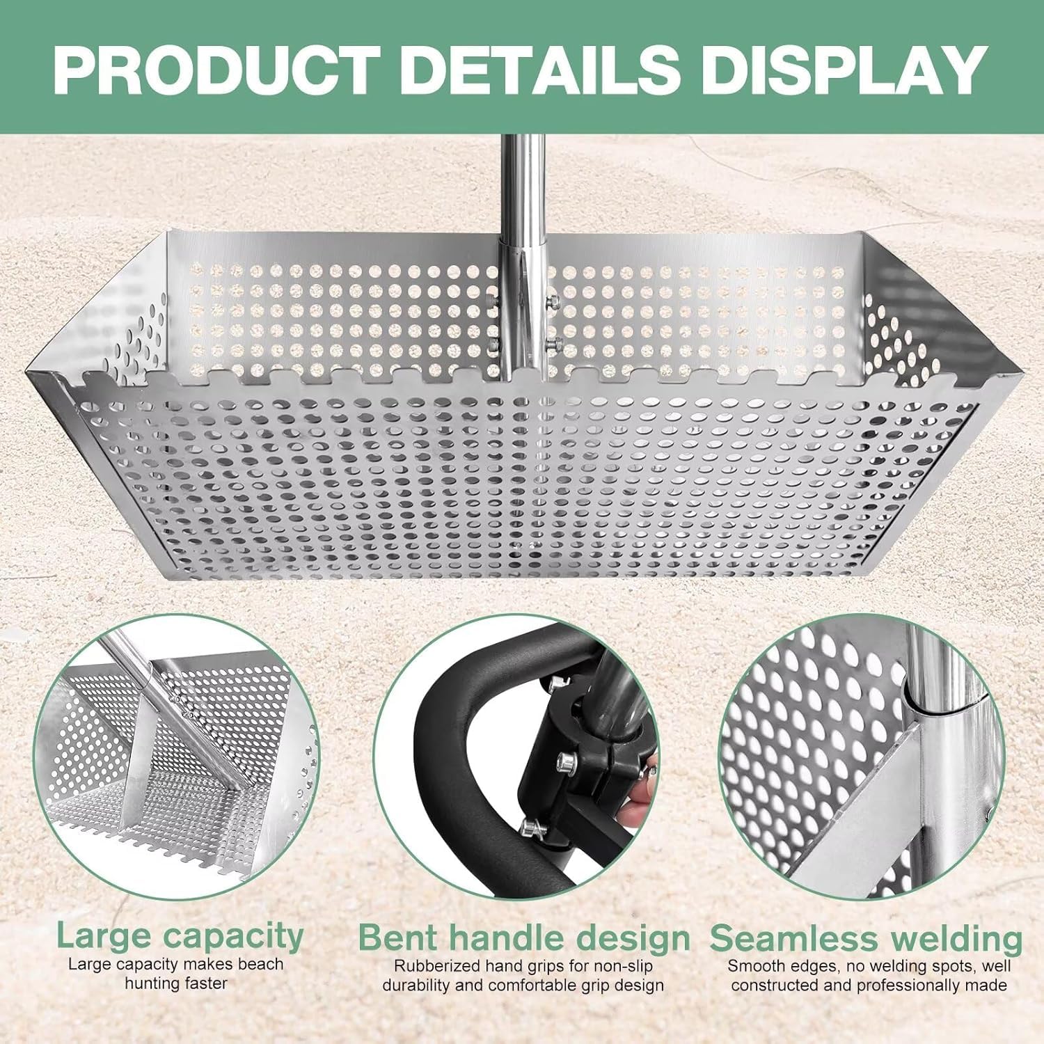 Edelstahl Strand Sandsieb, Strandrechen, Sandflohharke, Mit 15,8 Zoll Haifischzahn, Breiter Korb, 133cm Einstellbar Sandschaufel Dreiteiliger Griff, Faltbare Sandflohfalle Für Den Strand(Silver)