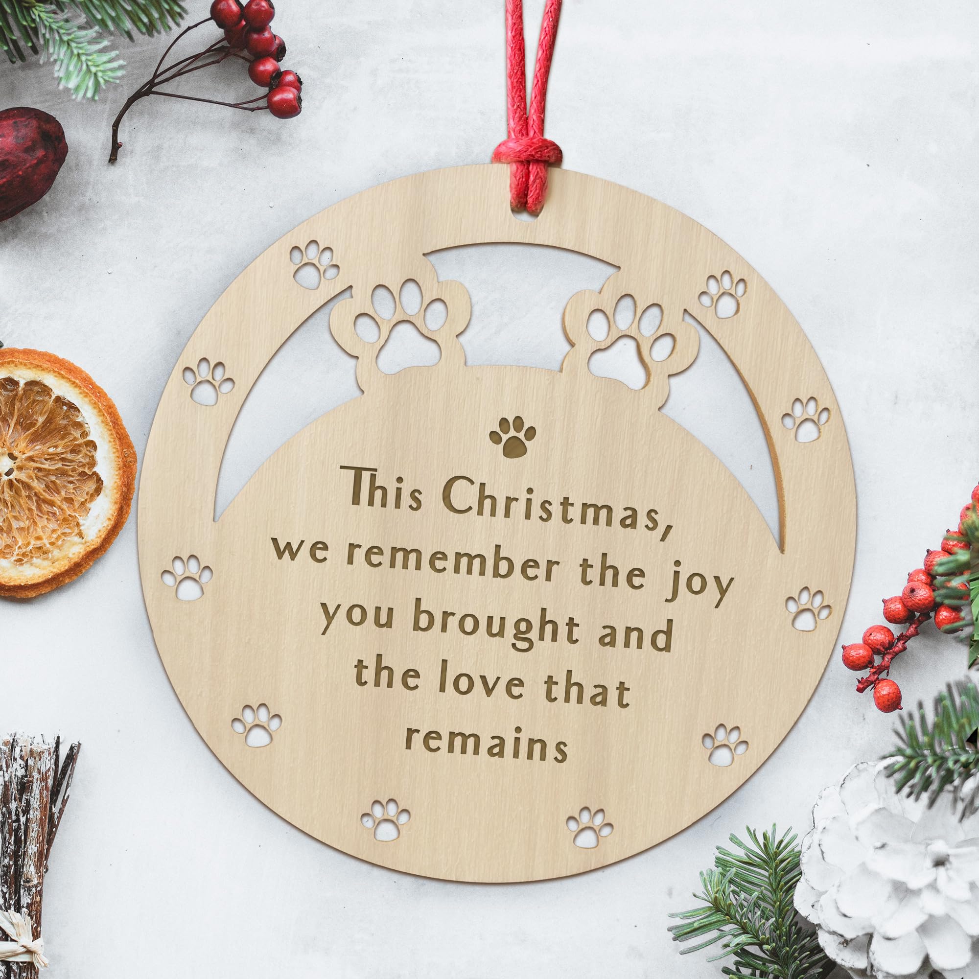 Red Ocean Remember The Joy Dog Memory Christmas Wooden Engraved Bauble, Pet Puppy Memorial Xmas Decoration Gift, In Memory Of Cat Dog Pet Animal Ornament, Memorial Christmas Tree Decorations (Remember The Joy)