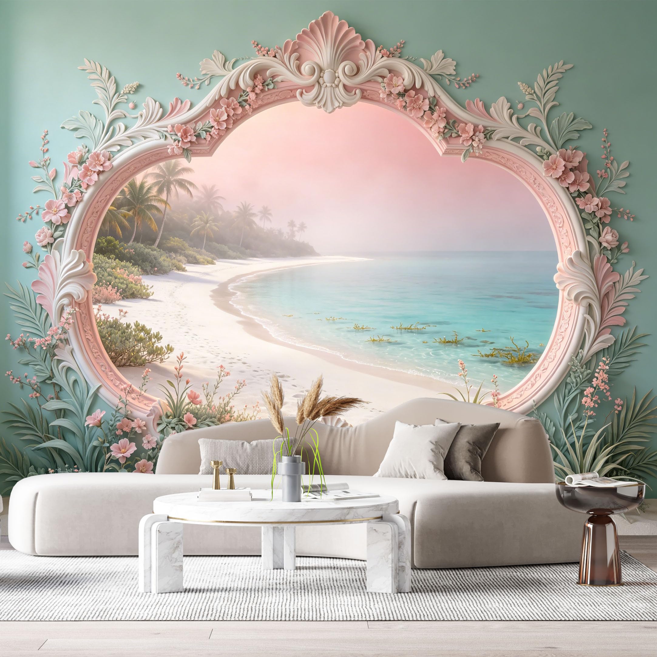 Custom Size Wall Murals Floral Tropical Beach 3D Trompe L'Oeil SelfAdhesiveWall Fabric Removable Wallpaper Wall Decor for Living Room Bedroom Bathroom