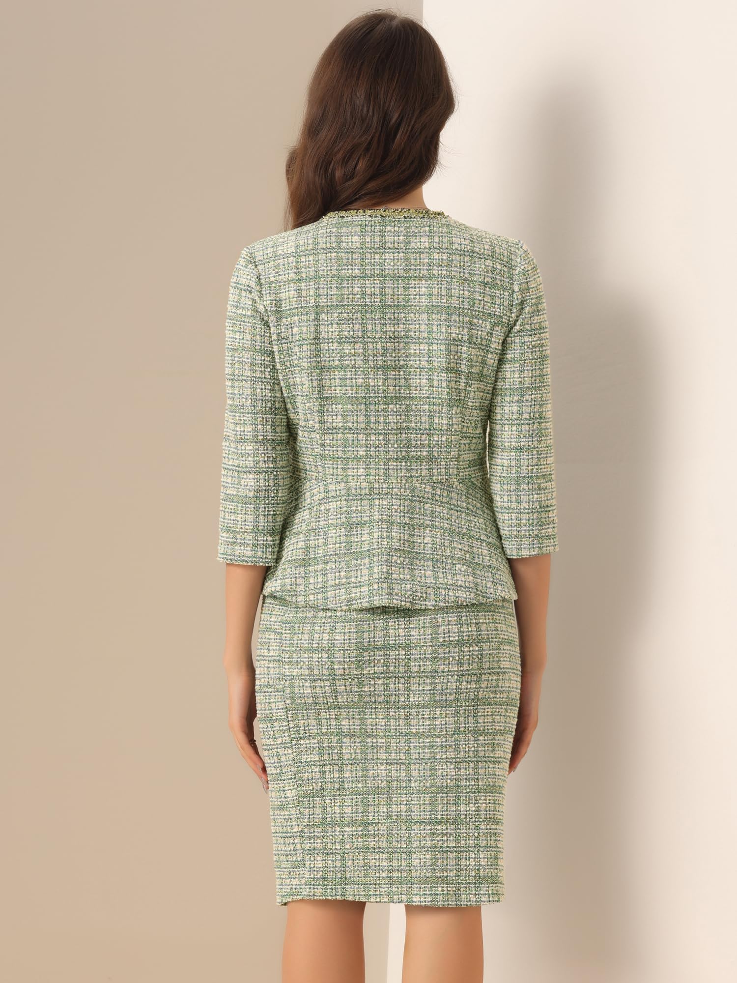 Allegra K Costume d'affaires pour Femme Ensemble Jupe 2 Pcs en Tweed Veste Boutonné à Manches 3/4 Jupe Crayon Élégante