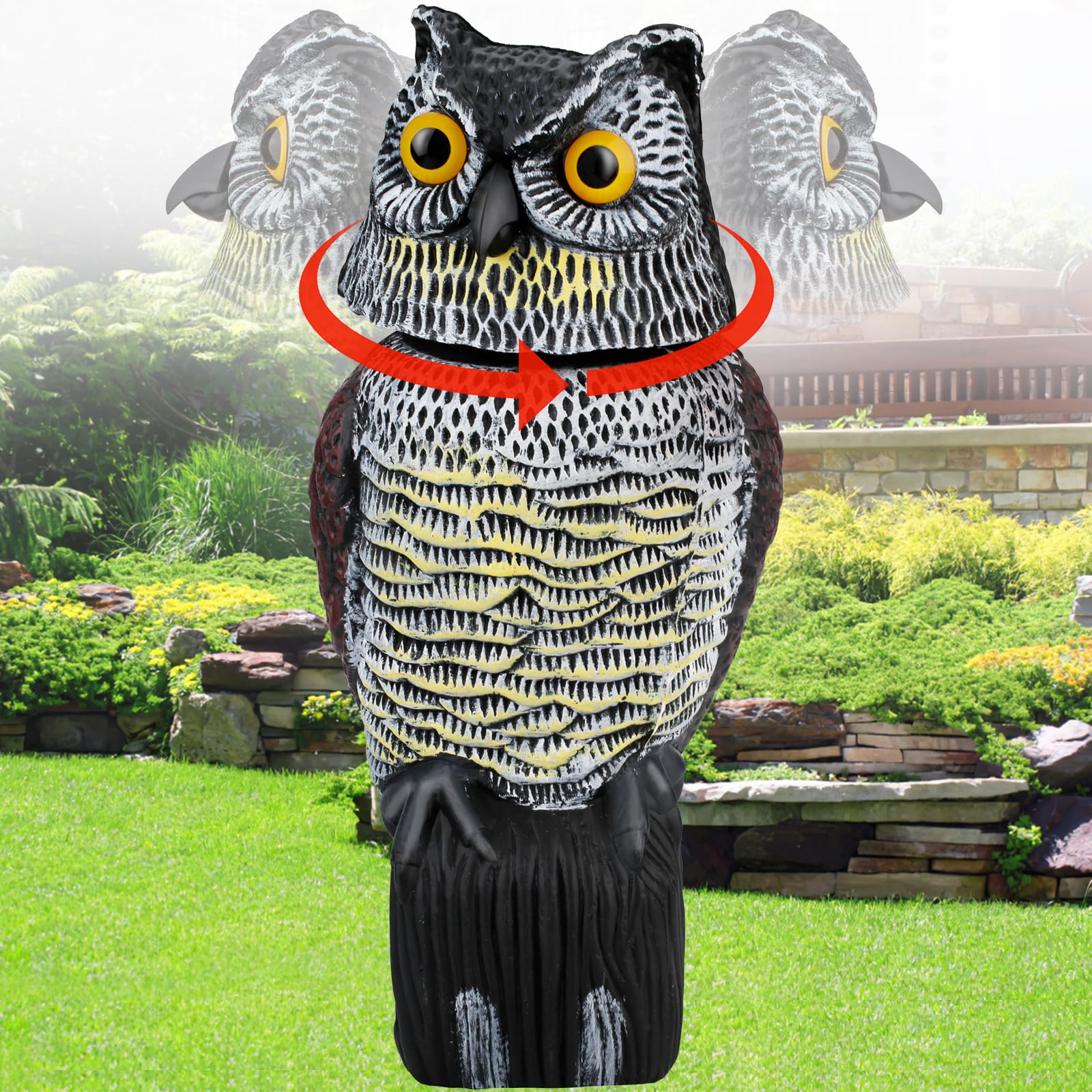 Pestvanish Owl Decoys to Scare Birds Away, Waterproof Garden Owl Statue with 360° Rotating Head, Pigeon Repellent and Squirrels Deterrent for Outdoor Patios, Pools, Rooftops and Vegetable Gardens
