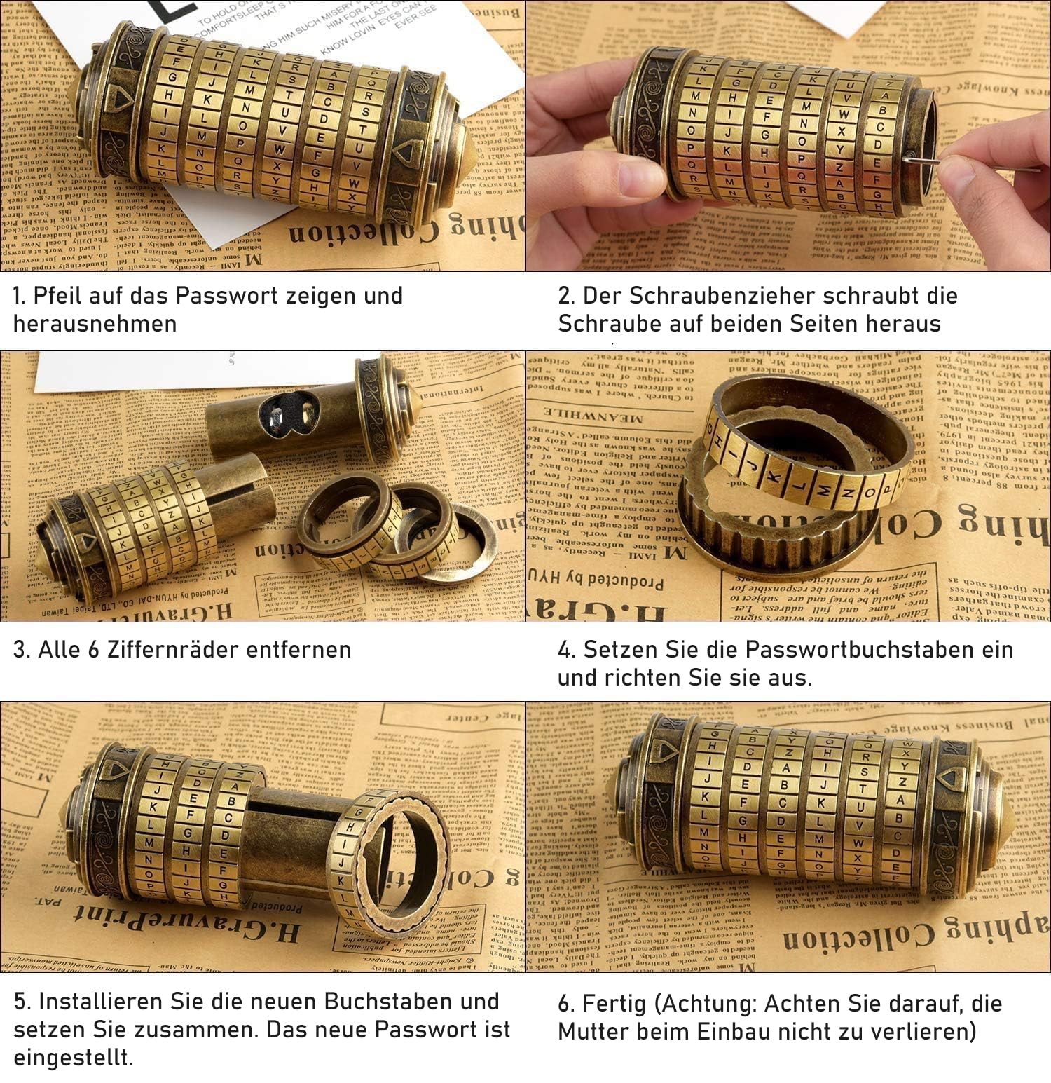 Da Vinci Code Mini Zylinderschloss Box Cryptex Puzzleboxen – Cryptex-Schloss Geschenk zum Jahrestag, Valentinstag, Romantisches Geburtstagsgeschenk für Sie (Rot Bronze)