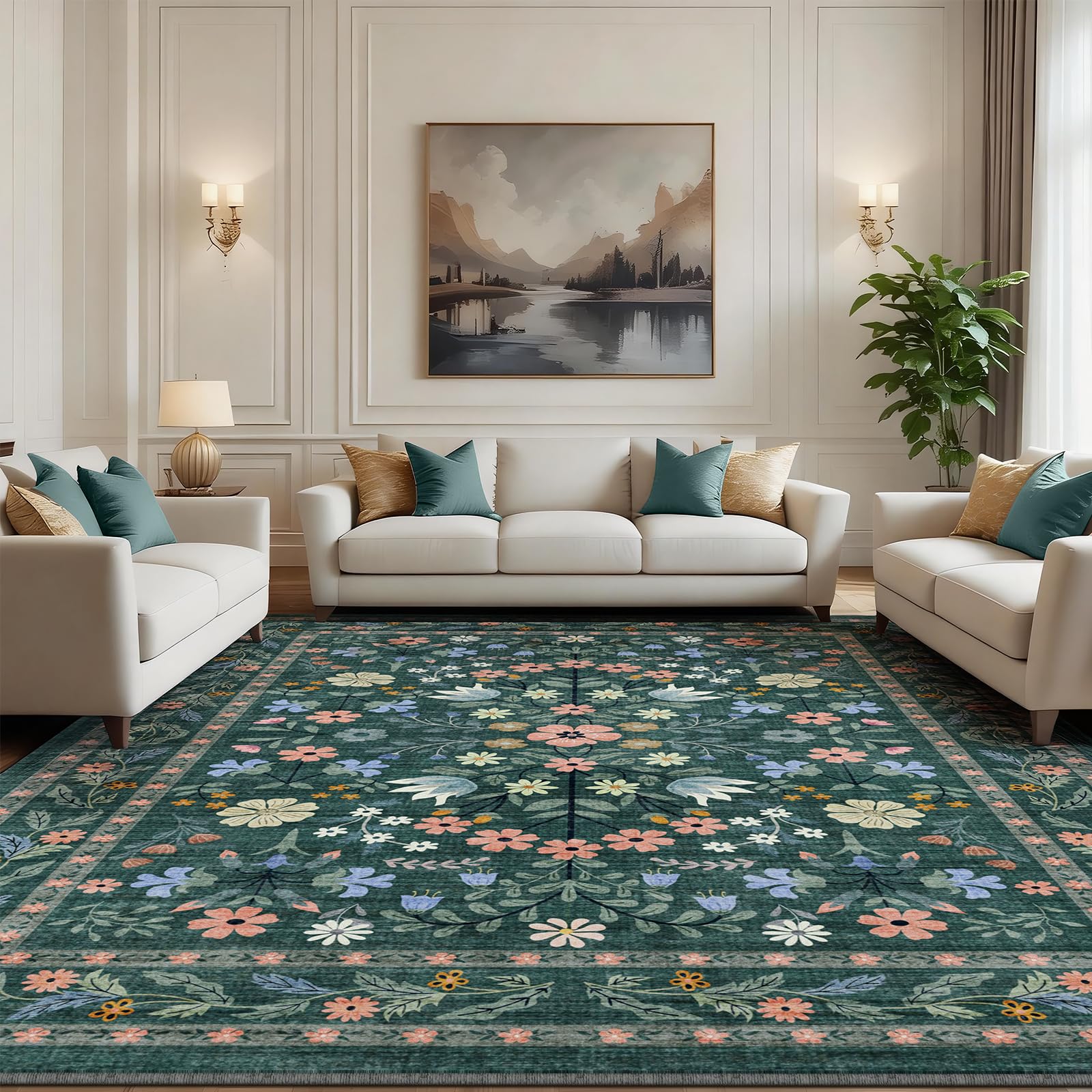 BYBSRLL Rugs Living Room 160x230cm, Vintage Floral Rug, Washable Rug & Non-Slip Low Pile Carpet, Soft Boho Large Rugs for Bedroom, Kitchen, Entryway, Hallway, Dinning Room, Dark Green — image 1